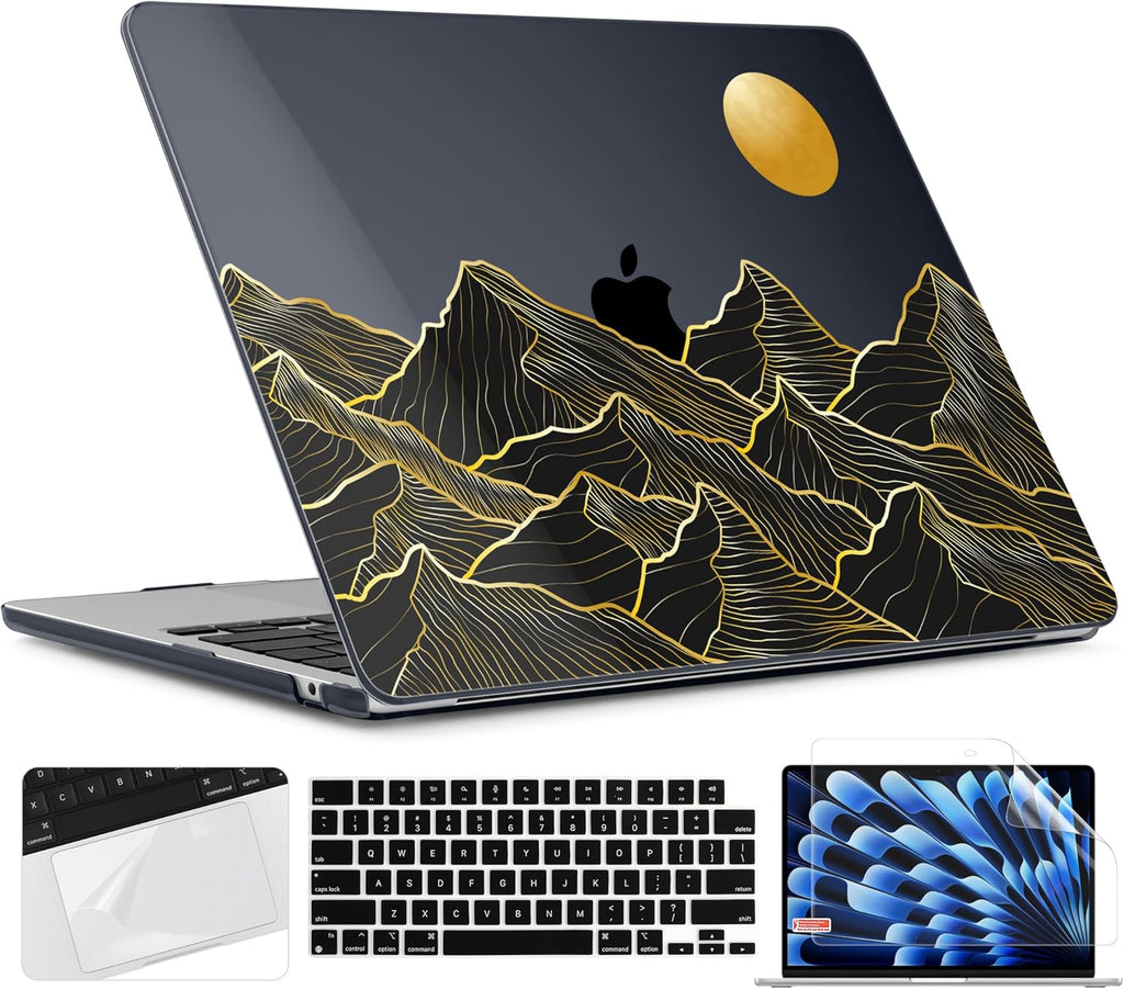 TWOLSKOO Compatible with M4 MacBook Air 15 inch Case 2025-2023 Released Model M4 A3241 M3 A3114 M2 A2941, Plastic Hard Shell & Screen Protector & Keyboard Cover & Trackpad Film, Golden Mountain
