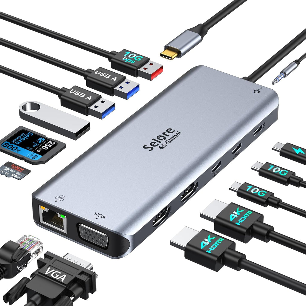 Selore USB C Docking Station Dual Monitor,LaptopDocking Station,14 in 1 Docking Station 3 Monitors with 2 HDMI,VGA,10G USB A/C,100W PD,6 USB A/C Ports,USB C Hub Multiport Adapter for Windows Laptop