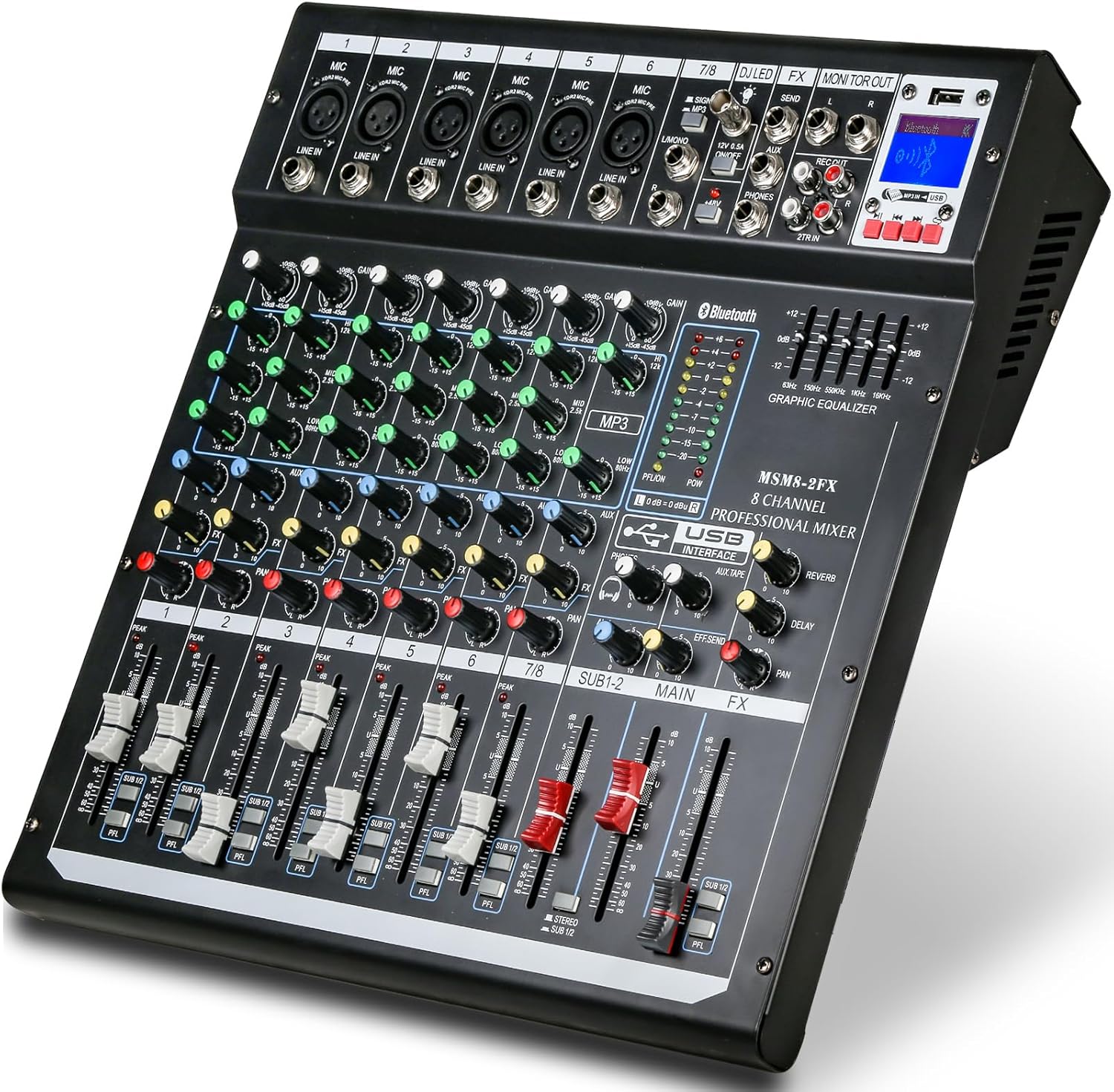 Dj Mixers 8 Channel Audio Mixer Sound Board with Bluetooth, Usb Audio Interface with 48V Phantom Power Sounds Mixer Board with FX Reverb Delay Effect for Streaming