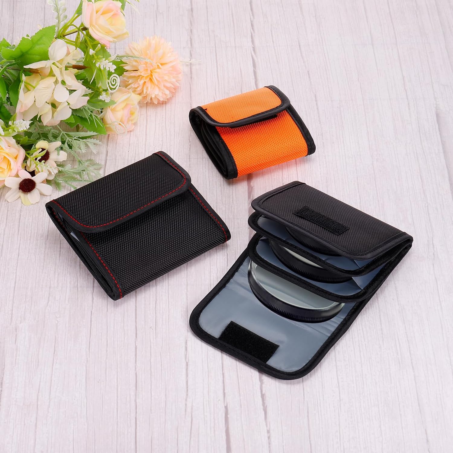 PATIKIL Lens Filter Case, 3-Pocket Camera Filter Case Portable Lens Filter Pouch Photography with Belt Loop Fit Camera Bag Strap Pocket Drone for 25mm-82mm, Black Red