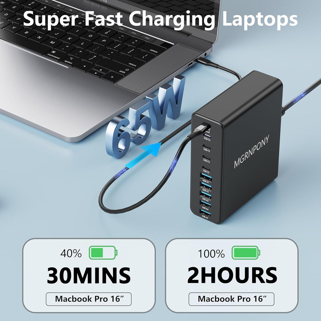 320W USB C Charger Block, 10-Port USB C Charging Station GaN III PD 65W PC Laptop Fast Charger Adapter for MacBook Pro/Air, DELL, iPad, iPhone, Samsung Galaxy Black