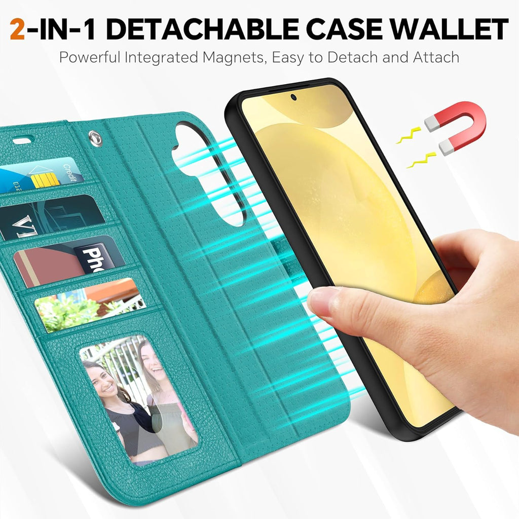 TUCCH Case Wallet for Galaxy S25 Plus, Detachable [Wireless Charging] RFID Blocking 4 Card Holder, Wrist Strap Removable Stand PU Leather Flip Shockproof Phone Cover for Galaxy S25 Plus 6.7", Cyan