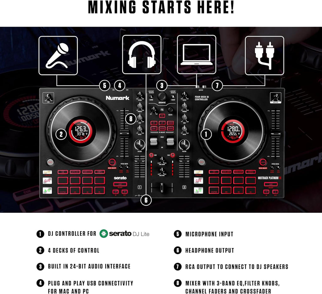 Numark Mixtrack Platinum FX Serato DJ Controller with Jog Wheel Displays, 4 Decks, Mixer, Effects Paddles and (Audio Interface)