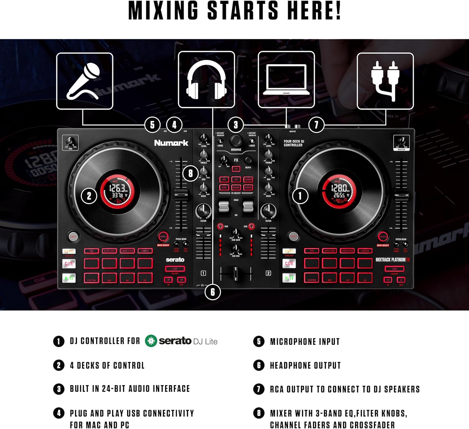 Numark Mixtrack Platinum FX Serato DJ Controller with Jog Wheel Displays, 4 Decks, Mixer, Effects Paddles and (Audio Interface)