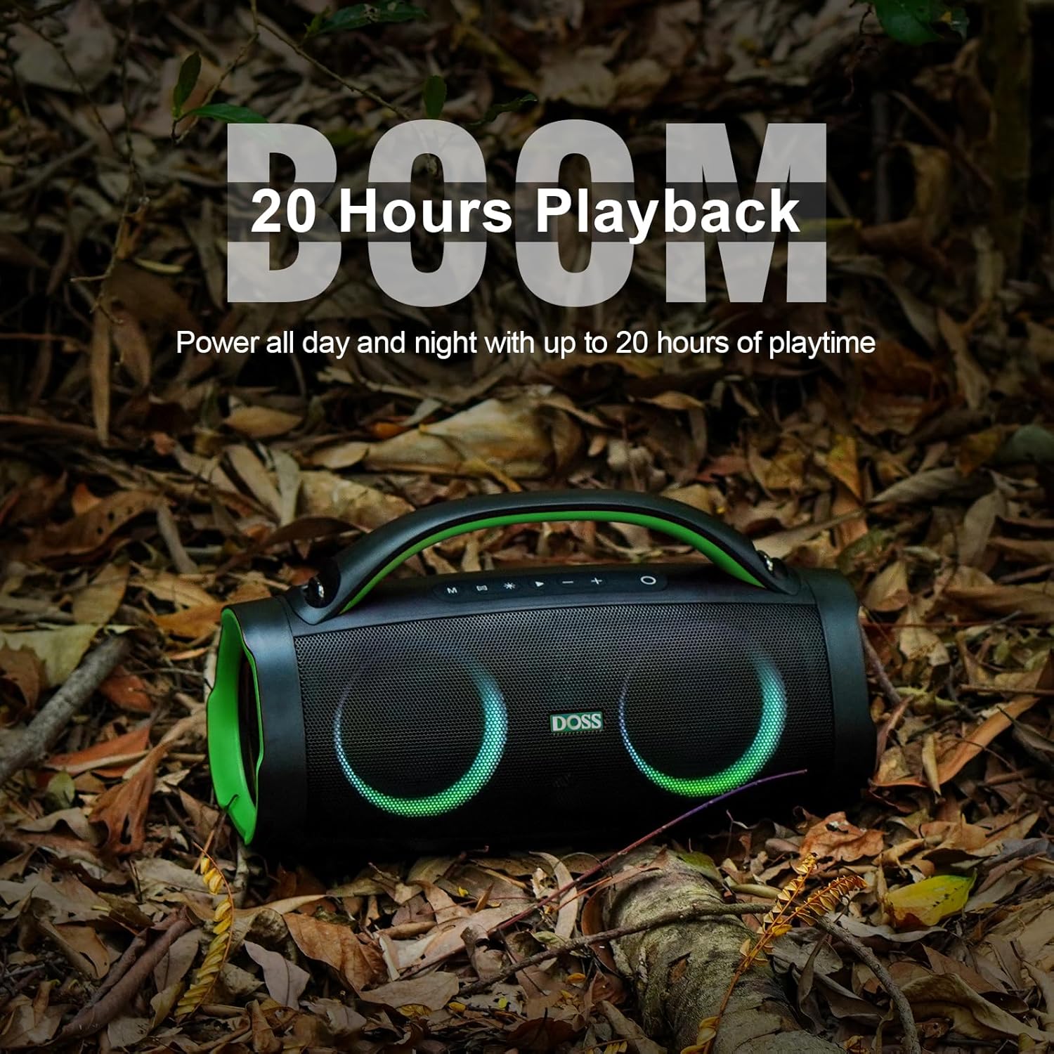 DOSS Extreme Boom Pro Loud Bluetooth Speaker with 100W Stereo Sound, Extra Bass, 20H Playtime, Party-Sync Led Lights, Built-in Power Bank, IPX6 Waterproof for Outdoor, Camping, Pool-Green