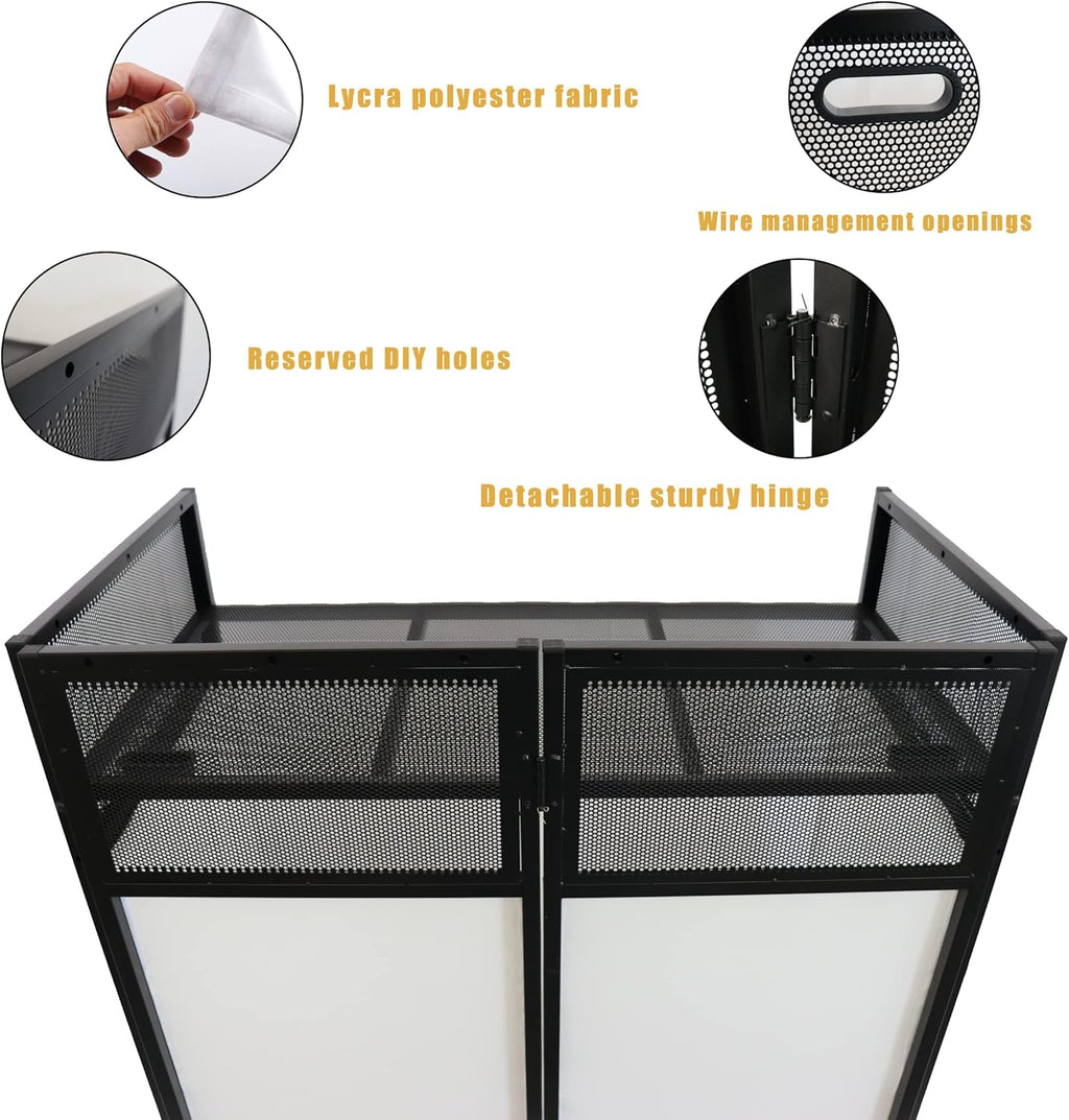 Portable DJ Booth DJ Facade DJ Table Station Two-position Height Adjustable Tabletop DJ Table Stand DJ Event Booth w/Travel Bag Black&White Scrims For Gig, Party, Show