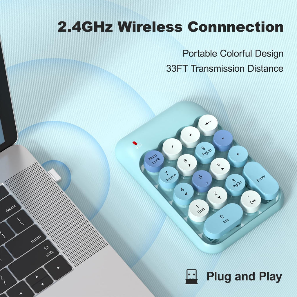 MOFII Wireless Number Pads - Blue Numeric Keypad 18 Keys USB 2.4G Round Keycap Colorful Extensions Keypads, Financial Accounting Portable Numpad 10 Key for Laptop/PC/Notebook/Surface Pro