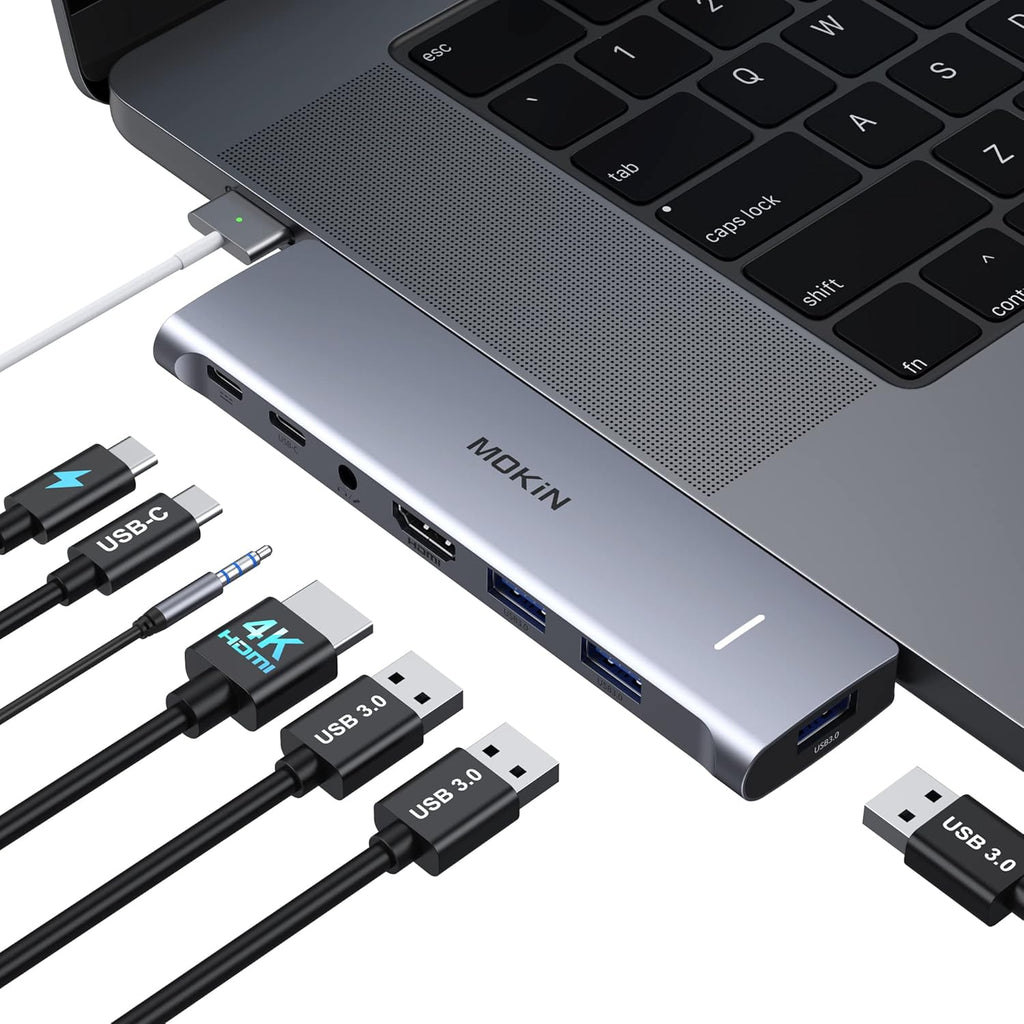 MacBook Pro Adapter, USB C Adapter for MacBook Pro/Air M1M2M3 2022 2021 2020 13" 15" 16", Mac Dongle with 4K HDMI, 3 USB 3.0, USB C 3.0 and 100W Thunderbolt 3, Audio, Support MagSafe 3 Charging