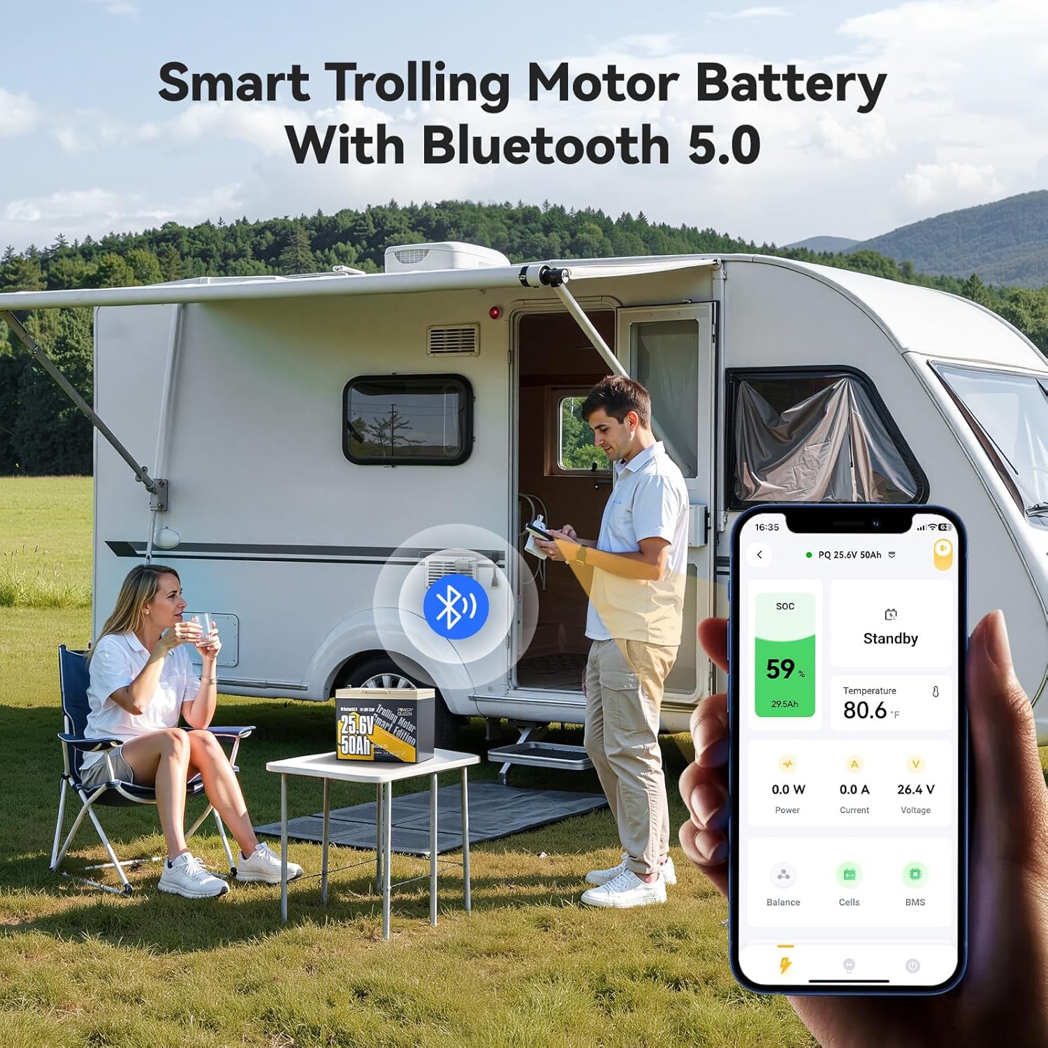 Power Queen 24V50Ah LiFePO4 Battery with Bluetooth 5.0 Remote Control, Low-temperature Protection, 1280Wh Energy, Deep Cycle Lithiumn Battery for 24V Trolling Motor Up To 100 lbs