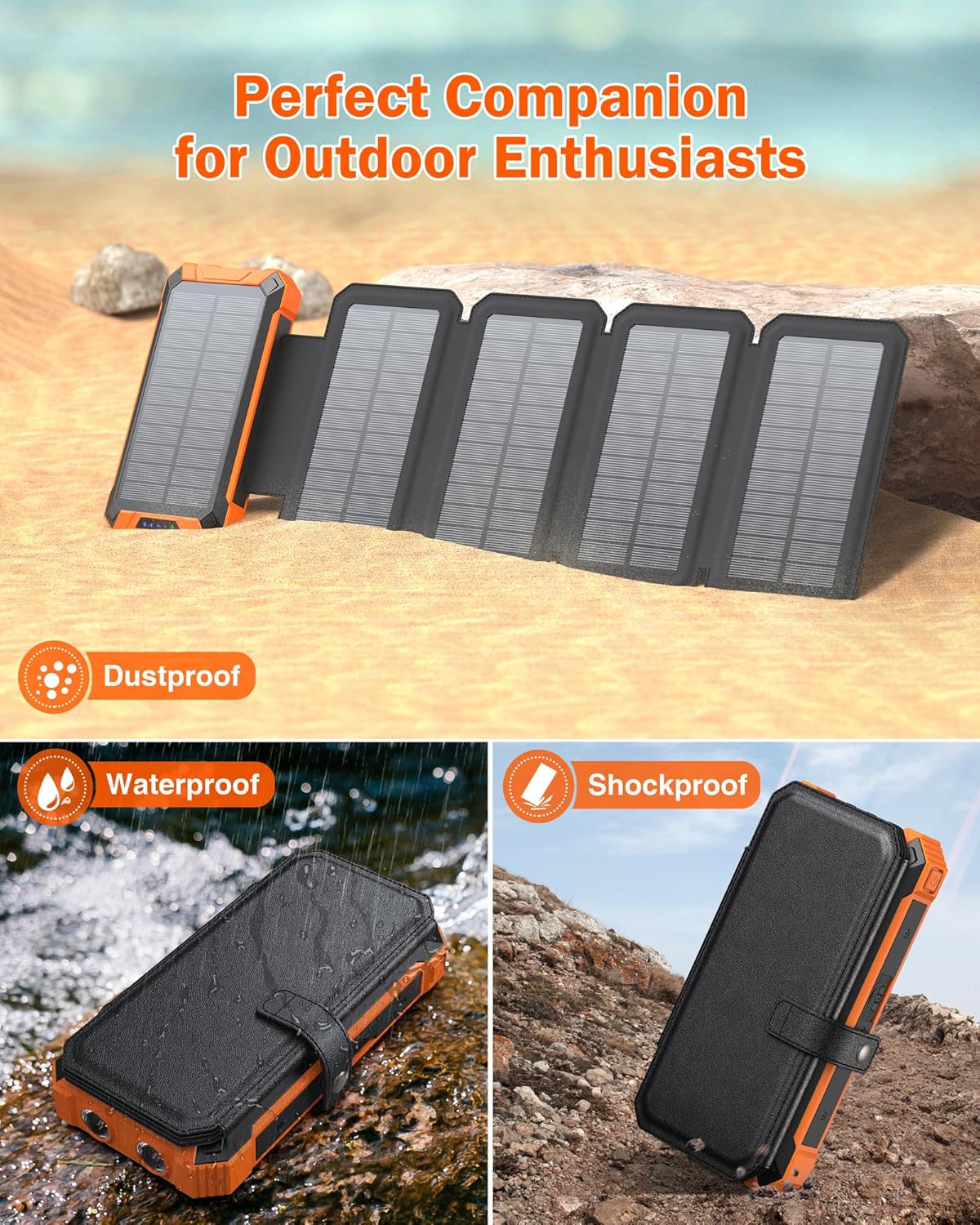 GOODaaa Power Bank Wireless Charger 36800mAh Solar Charger with Five Solar Panels Built-in Four Cable Five Outputs Portable Power Bank for Cell Phone with Dual Flashlights, Carabiner