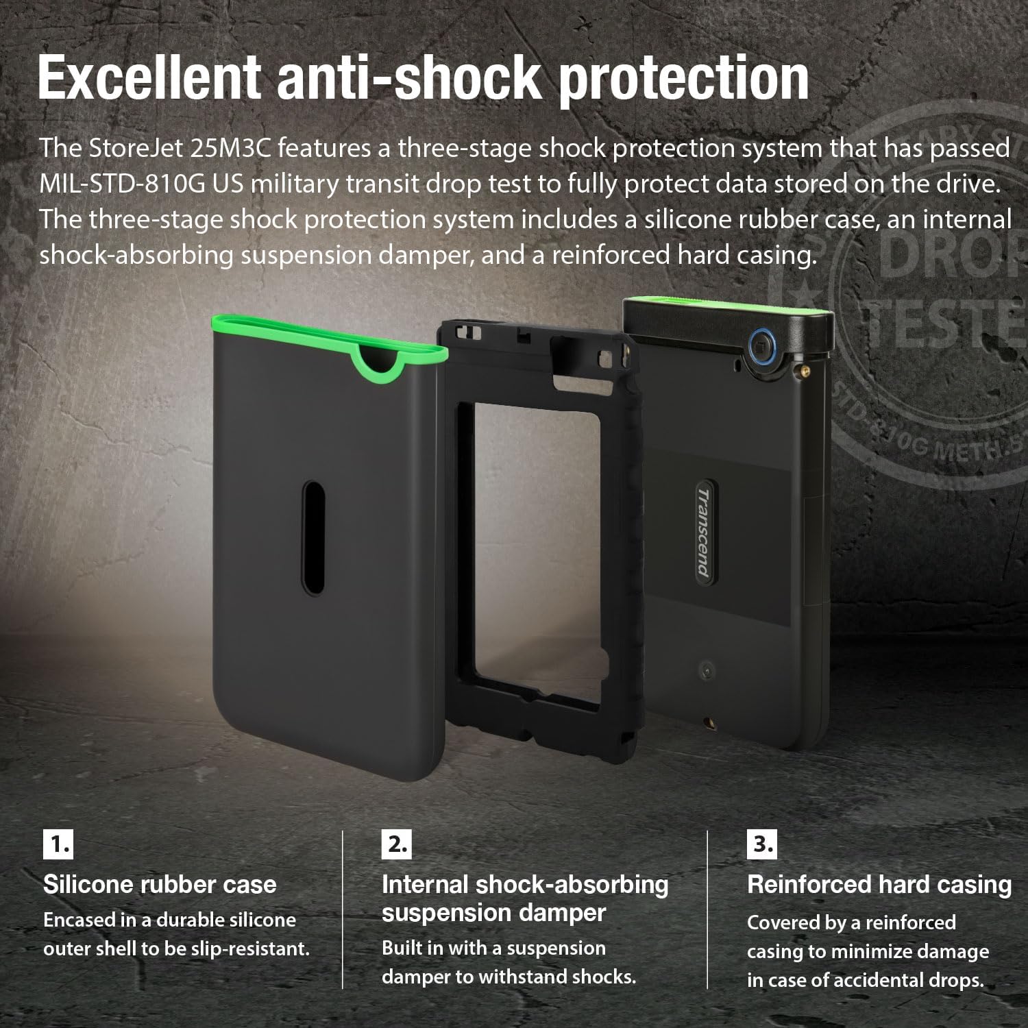 Transcend 2TB SJ25M3C, USB 3.1 Portable Hard Drive Rugged, Anti-Shock Resistant, Compact and Lightweight with Lightning-Fast Speeds, One Touch Backup Button, Type C, Iron Grey - TS2TSJ25M3C
