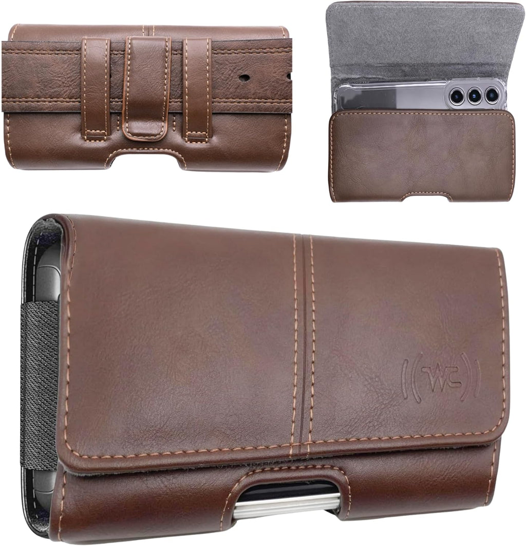 Leather Phone Holster for Men & Women, Horizontal Cell Phone Case, Fits iPhone 13/12 Mini, SE, Xs/X, 8, 6s - Belt Clip/Loop Carrying Phone Pouch Holder, Brown Small