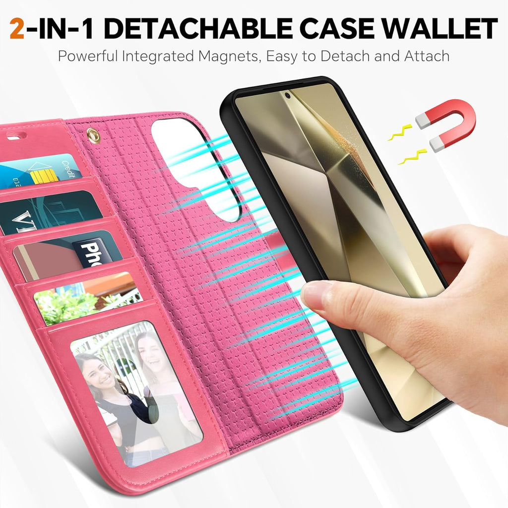 TUCCH Case for Galaxy S25 Ultra, [Detachable] 2 in1 Magnetic PU Leather Wallet Case Wrist Strap RFID Blocking [Wireless Charging] 4 Card Holder Stand Removable Cover for Galaxy S25 Ultra, Hot Pink
