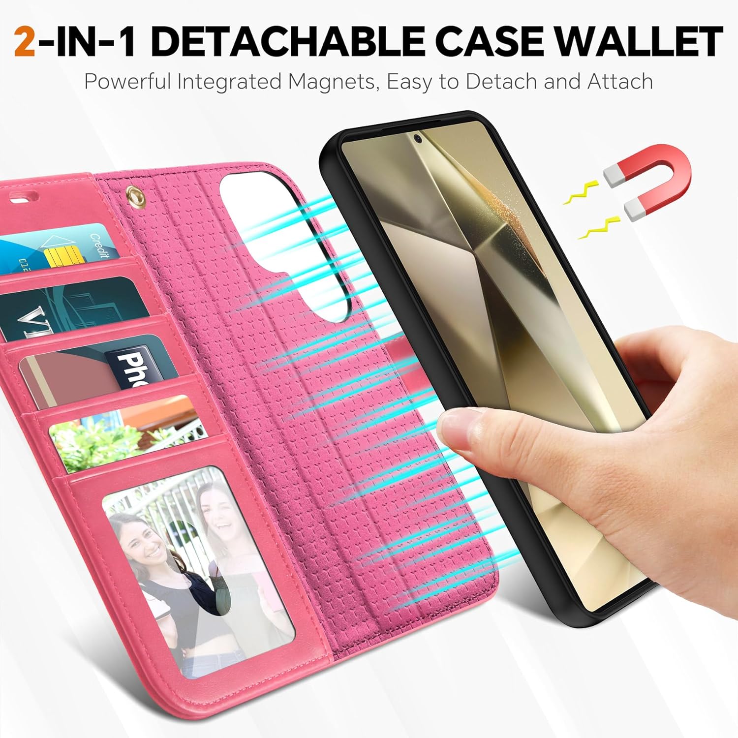 TUCCH Case for Galaxy S25 Ultra, [Detachable] 2 in1 Magnetic PU Leather Wallet Case Wrist Strap RFID Blocking [Wireless Charging] 4 Card Holder Stand Removable Cover for Galaxy S25 Ultra, Hot Pink