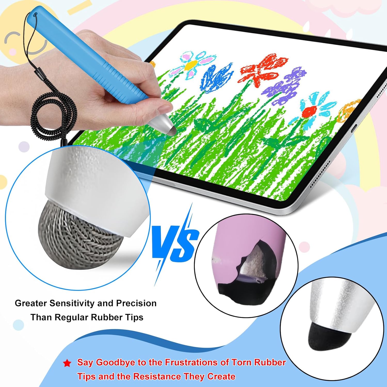 2pcs Kid-Friendly Stylus Pens for Touch Screens, Tablet Stylus Pen with Spring Cord Universal Touch Screen Capacitive Crayon Stylus Blue Yellow