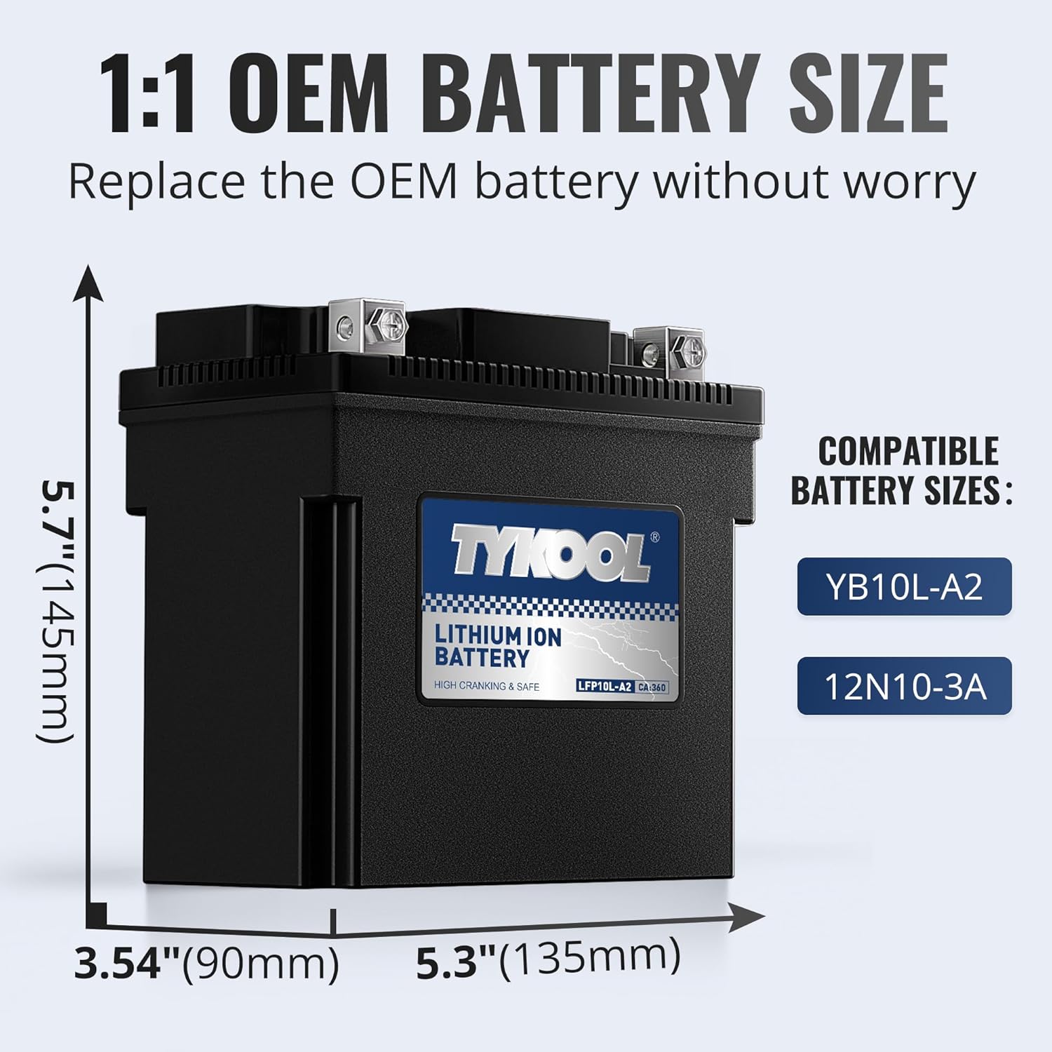 TYKOOL YB10L-A2 Lithium LiFePO4 Motorcycle Battery, 12.8V 6Ah, 360CCA, Built in BMS, Powersports Battery, for ATV, UTV, Jet Ski, Personal Watercraft, Snowmobile, Quad, Riding Lawn Mower, Tractor