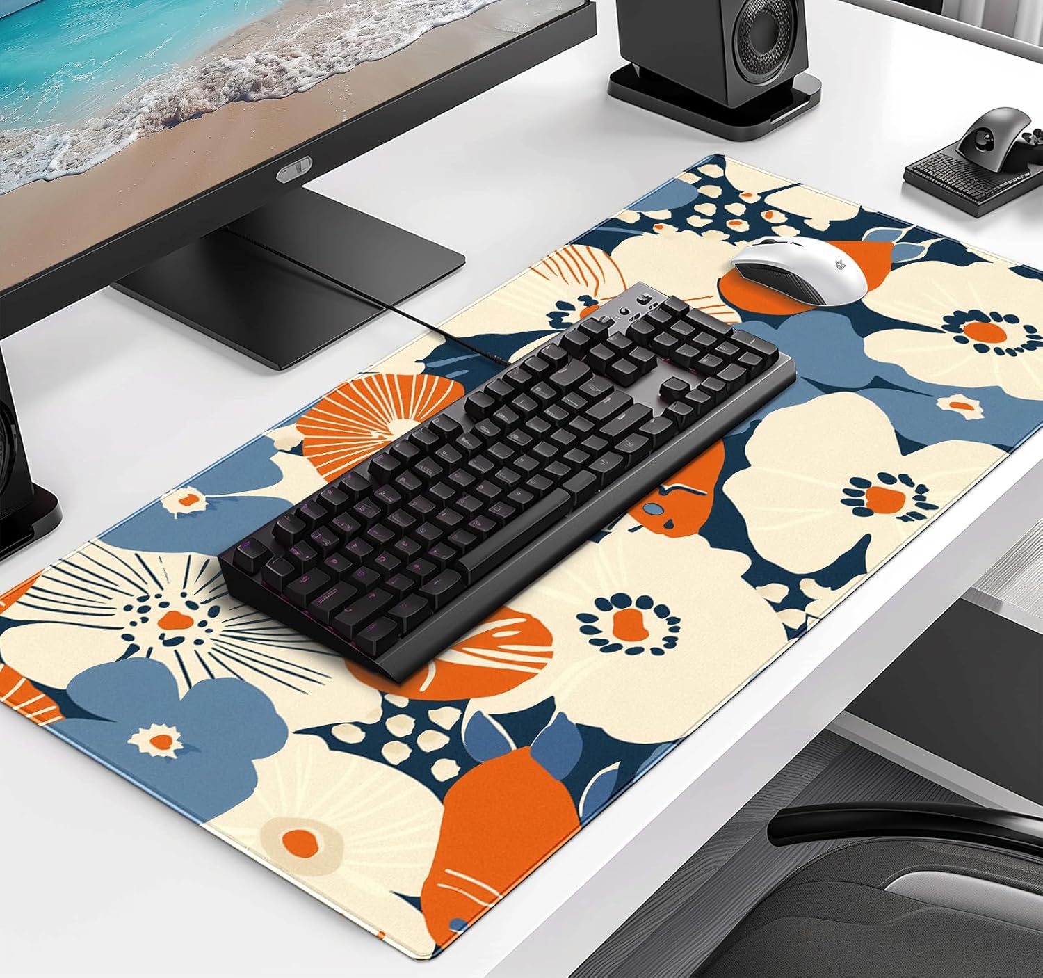 Cute Anime Flower Mouse Pad, Women's Office Desk Accessory Decoration, Expanded Mouse Pad 35.4 x 15.7 x 0.12 Inch Sewn Edge Non Slip Rubber Base