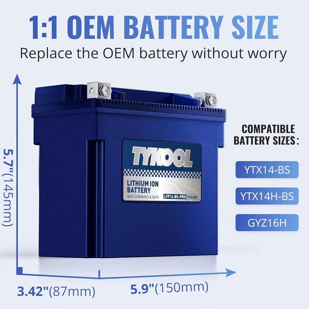 TYKOOL YTX14-BS/YTX14H/GYZ16H High Performance Lithium LiFePO4 Motorcycle Battery,480CCA,12V 8Ah,Fits for ATV,UTV,Jet Ski,Snowmobile,Quad,Tractor,Riding Lawn Mower,Polaris Battery