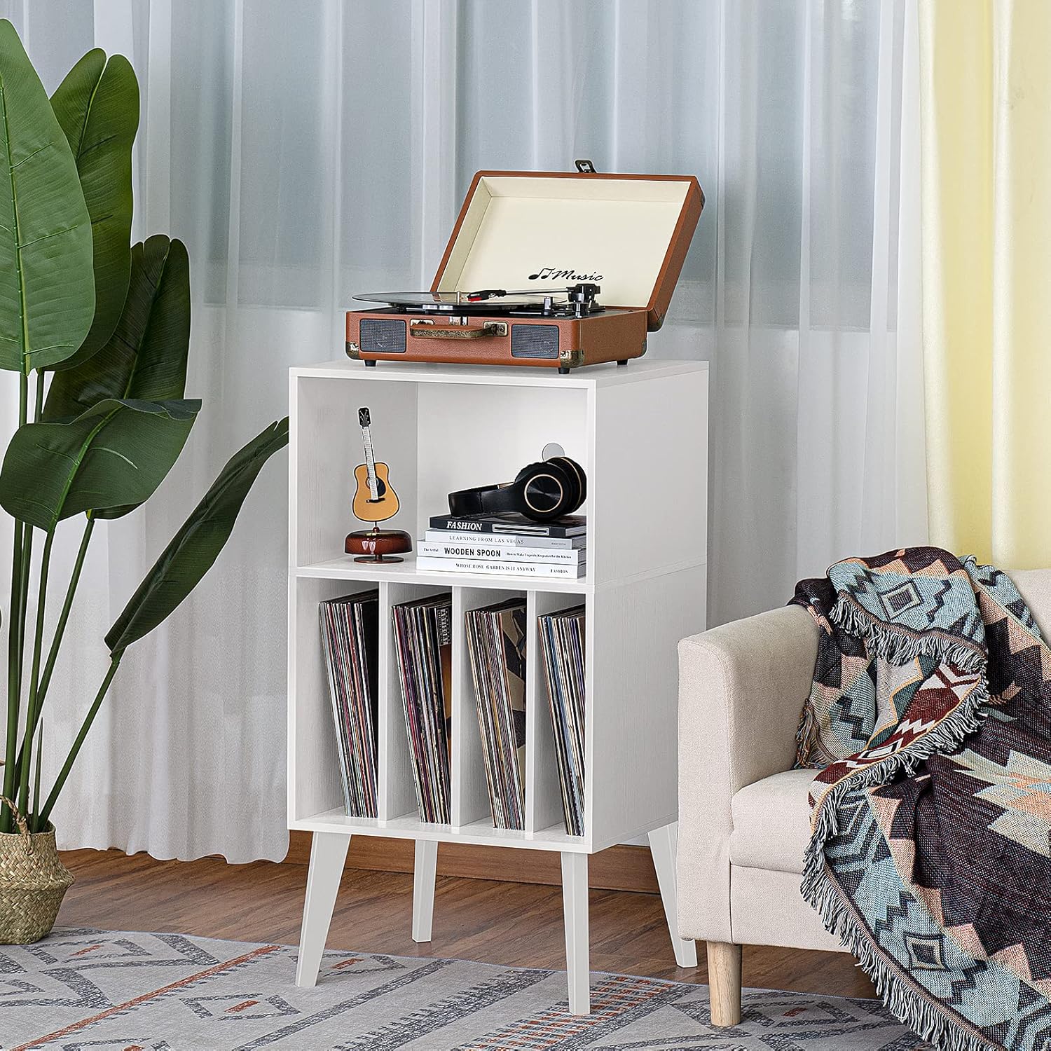 Lerliuo Record Player Stand, White Turntable Stand Holds up to 160 Albums, Mid-Century Vinyl Storage Cabinet Table with Solid Wood Legs, Record Player Holder Dispaly Shelf for Bedroom Living Room