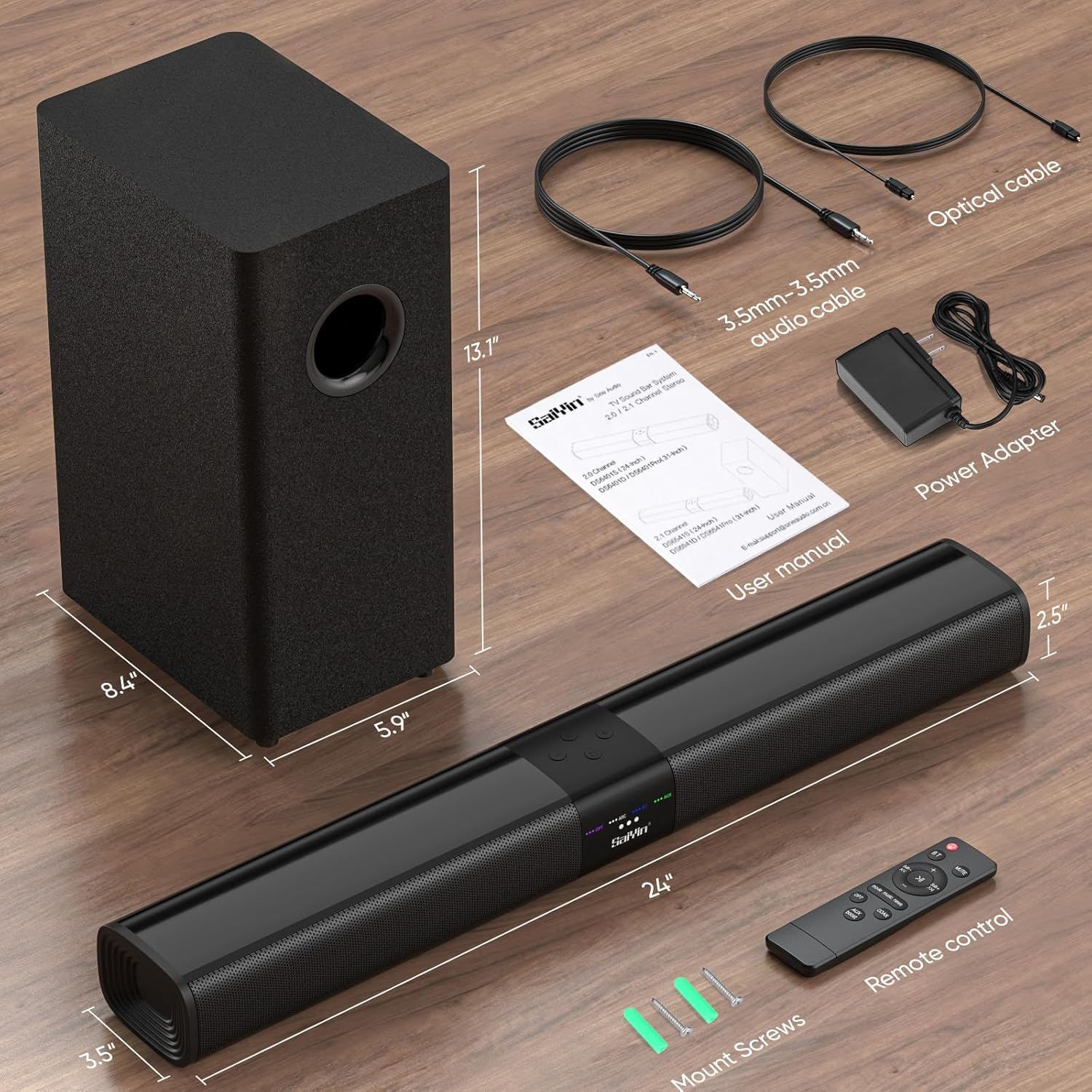 Saiyin Sound Bar for Smart TV with 5.25 Inch Subwoofer, 100W 24 Inch Soundbar for TV, TV Soundbar with Optical, ARC, AUX and Bluetooth 5.3 Inputs, Detachable Surround Sound System for TV