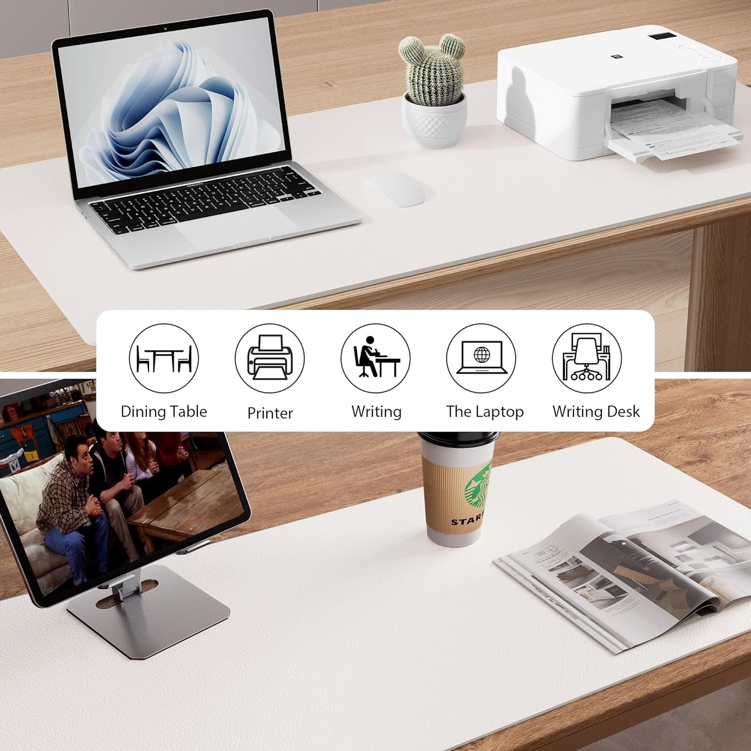 Aothia Leather Desk Pad Protector, Mouse Pad,Office Desk Mat, Non-Slip PU Leather Desk Blotter, Laptop Desk Pad, Waterproof Desk Writing Pad for Office and Home (48"x17", Off-White)