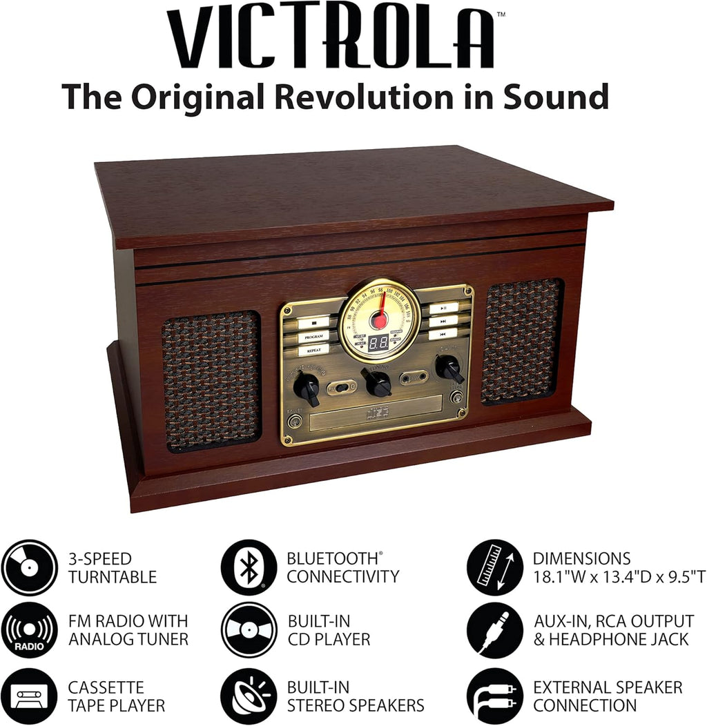 Victrola The Quincy 6-in-1 Bluetooth Record Player & Multimedia Center with Built-in Speakers – 3-Speed Turntable, CD & Cassette Player, AM/FM Radio, Wireless Music Streaming (Espresso)