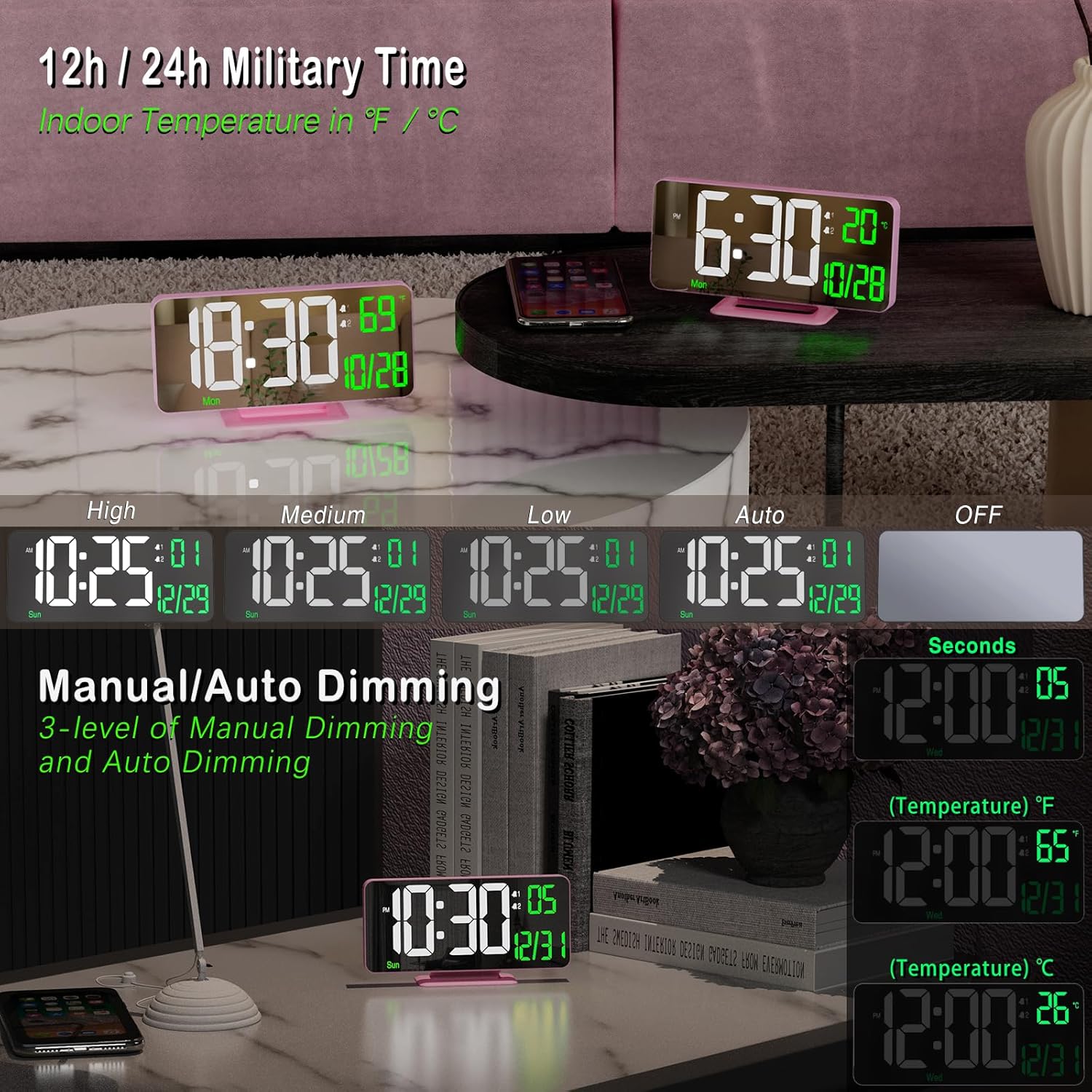 KOSUMOSU Pink Digital Clock 6.7in Desk Clock with Dual Alarm Clock, Dimming, 12/24h, Date, Day of Week, Temp, Digital LED Clock, Alarm Clock for Table, Digital Calendar Table Clocks for Bedrooms
