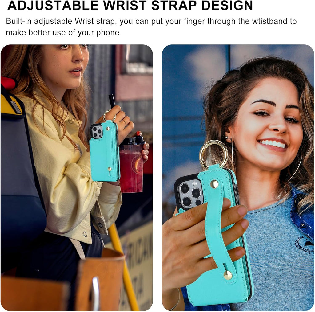 Folosu for iPhone 12/12 Pro Wallet Case with Card Holder, Hand Wrist Strap Loop Holder Kickstand, RFID Blocking Finger Grip Ring PU Leather Double Buttons Shockproof Cover 6.1" Green
