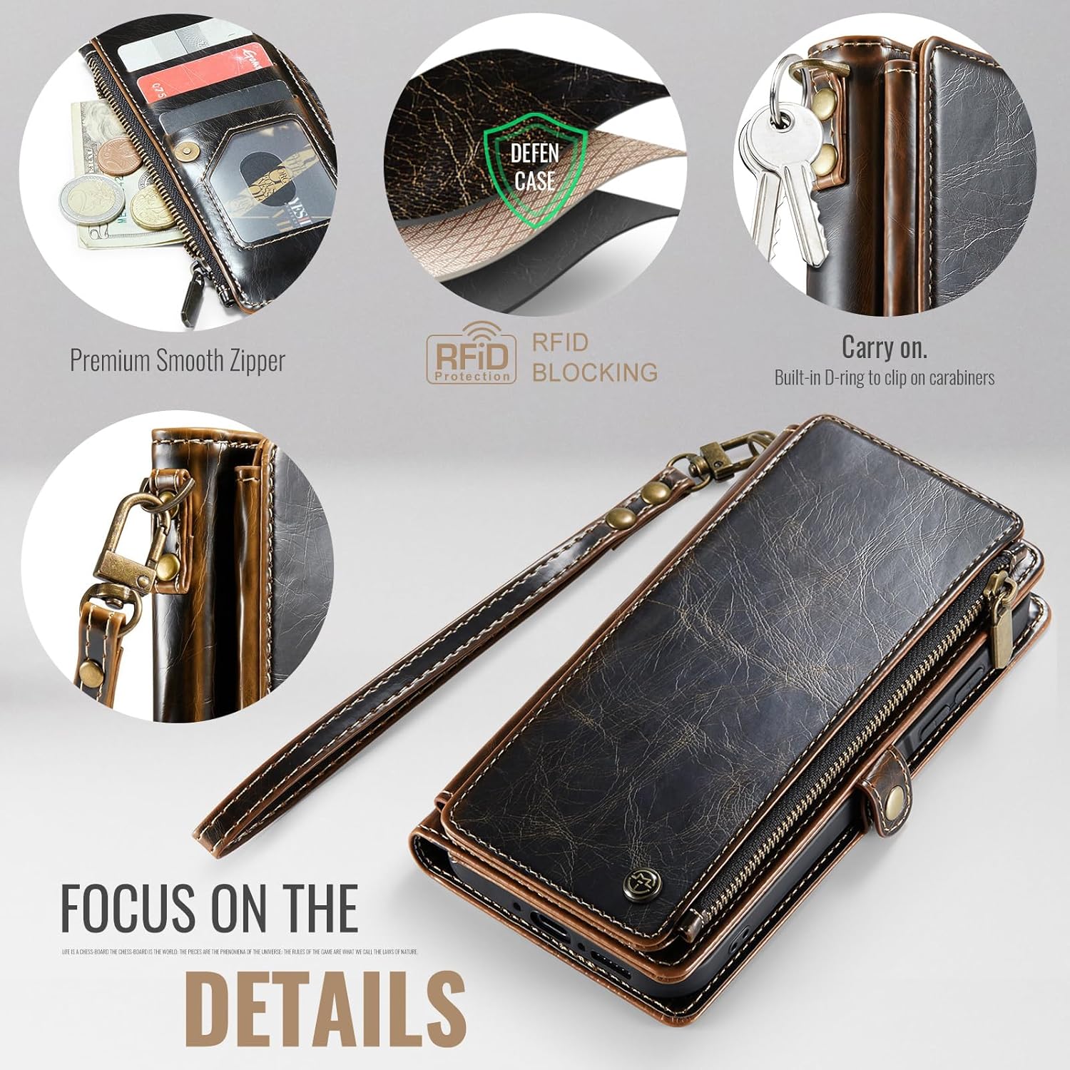 Defencase for Galaxy A26 5G Case Wallet with RFID Blocking Card Holder for Women Men, Fashion PU Leather Magnetic Snap Flip Zipper Wrist Strap Wallet Phone Case for Samsung Galaxy A26 5G, Coffee