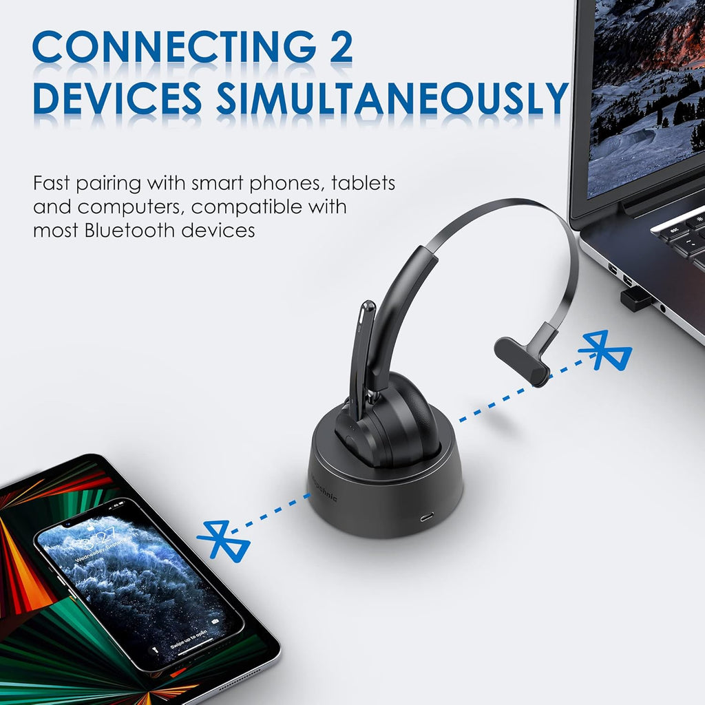 Bluetooth Headset, Wireless Headphone with Microphone for Computer, On Ear Bluetooth Headset with USB Dongle for Office Call Center Skype Zoom Meeting Online Class (Gray)