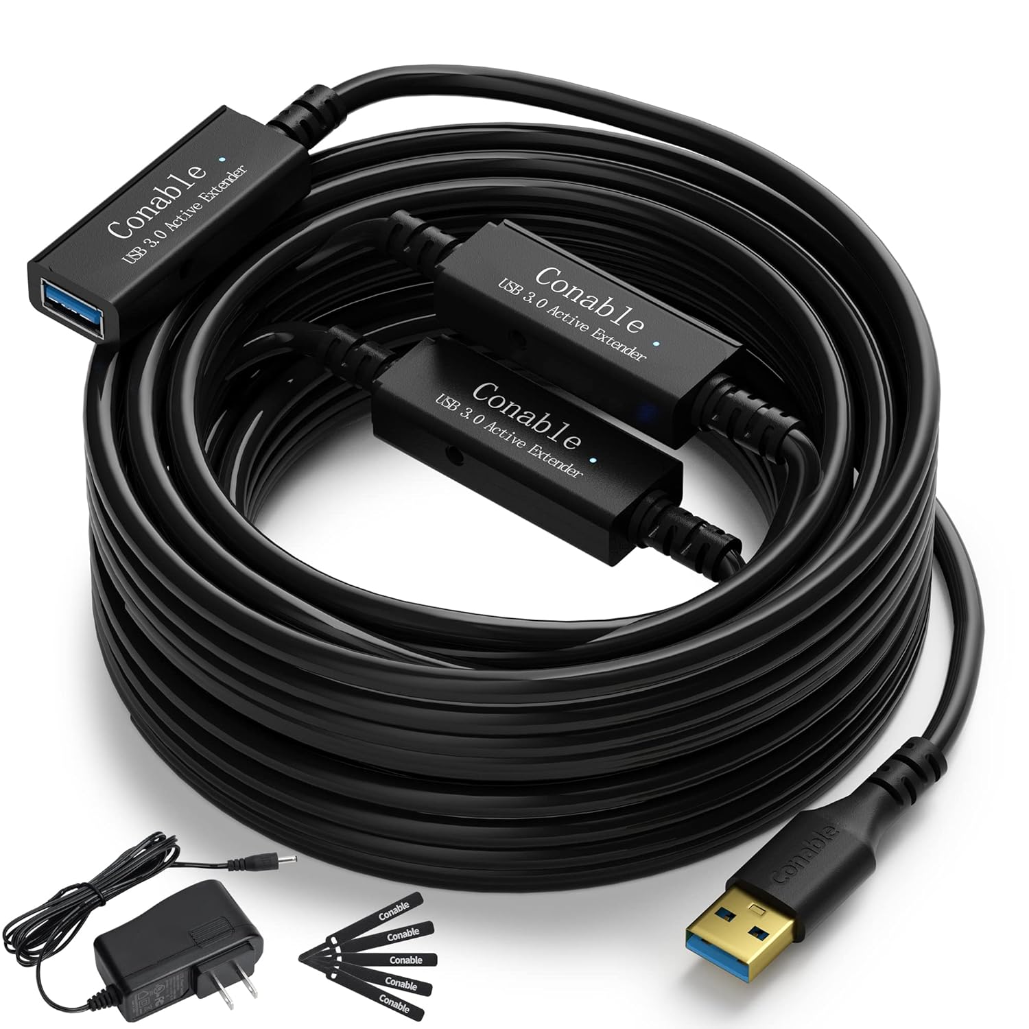 USB 3.0 Active Extension Cable 75 Feet, Long USB Type-A Male to Female Extender Cord, Built-in 3 Signal Booster Smart Chips, 5Gbps Transfer, Black USB Extension Cable with an AC Power Adapter (5V 2A)
