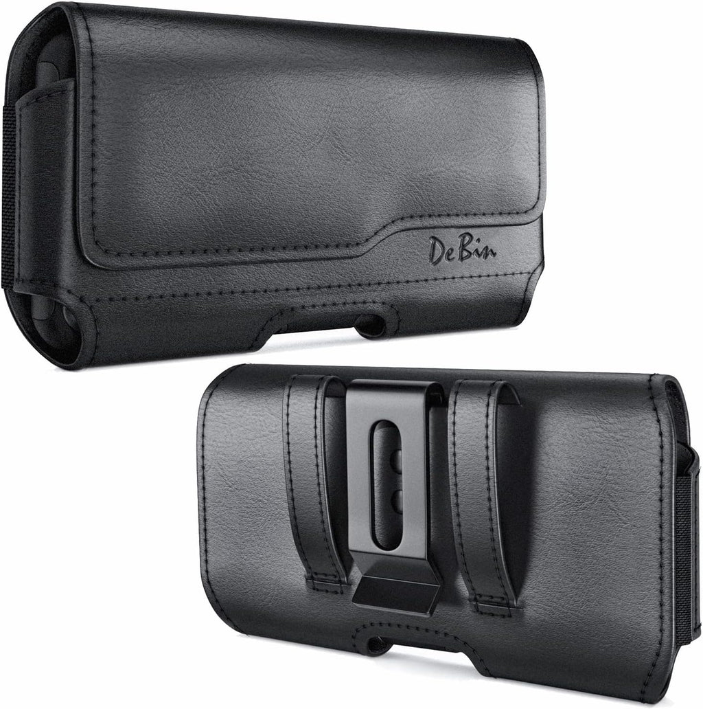 DeBin Holster for Large iPhone Plus, Pro Max Models 16 15 14 13 12 11 Xs Max – Leather Cell Phone Belt Holder Case with Clip, Carrying Pouch Cover Fits Phone with Case on, Black