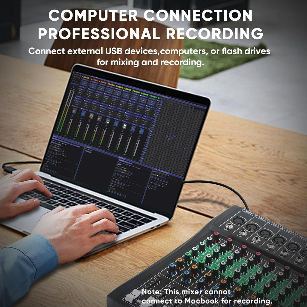 8 Channel Audio Mixer, Professional DJ Mixer Board Sound Music Mixing Console Digital Mixer with Reverb, Bluetooth, USB Port, 48V Phantom Power for Recording Karaoke Podcasting