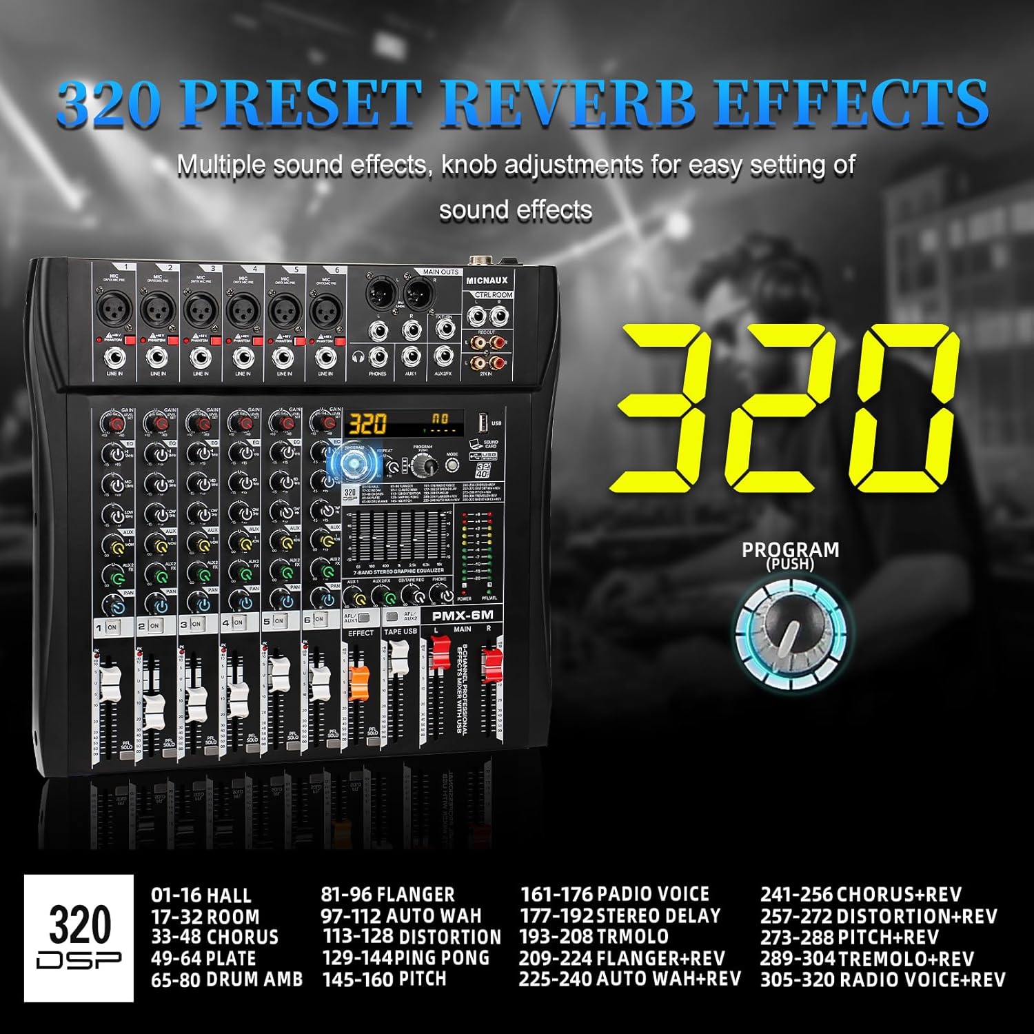 Audio Mixer 6 Channel Professional Mixer Console with 320 DSP Effects, 7-band EQ Sound Mixing Board Digital DJ Mixer w/USB Bluetooth MP3 for Recording, Independent 48V Power & Mute Button