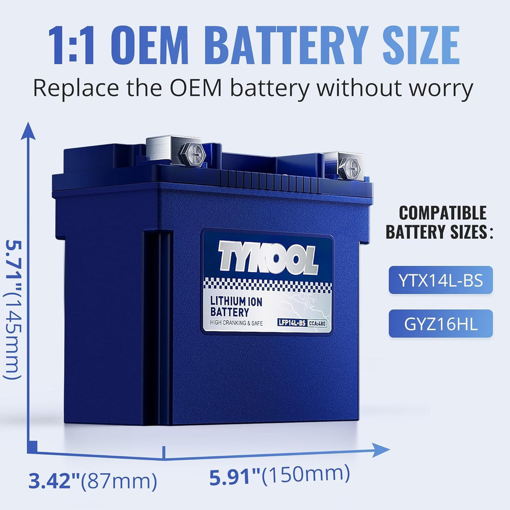 TYKOOL YTX14L-BS 3X Cranking Amps,5X Life, Lithium LiFePO4 Motorcycle Battery,12V 8Ah,480CCA,Digital Readout, Built in BMS,Powersports Battery, Compatible for Harley-Davidson, BRP (Sea-doo) Spark 900