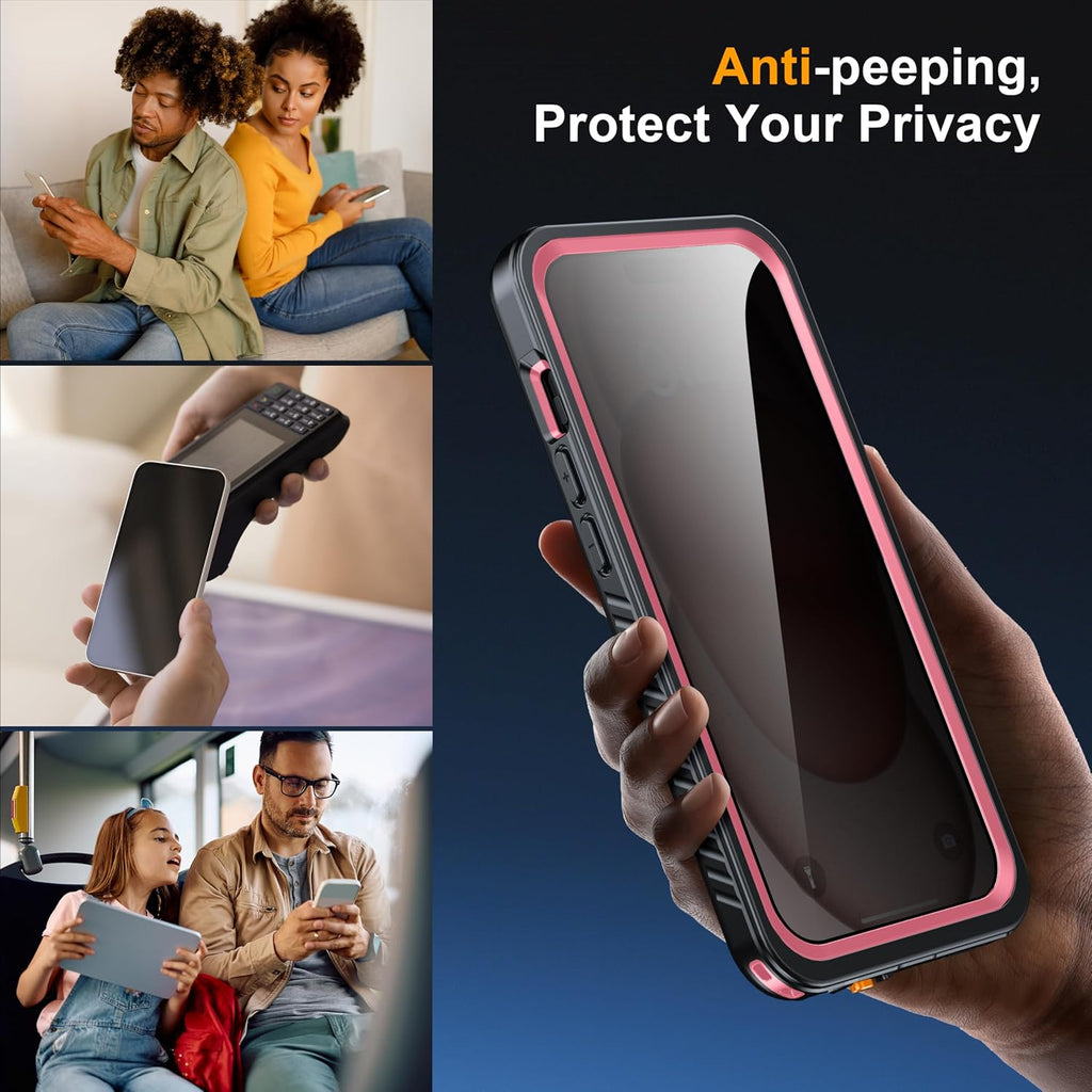 for iPhone 15 Case Waterproof - Built-in Privacy Screen Protector & HD Screen Protector [IP68 Underwater] Shockproof Dustproof Full Body Protection iPhone 15 Phone Case Pink