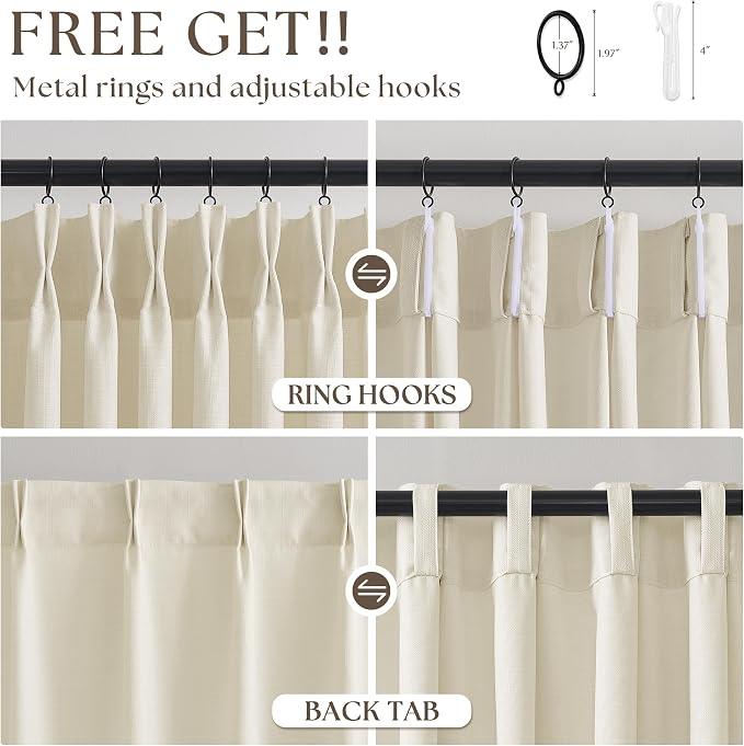 Cream Beige Pinch Pleated Linen Curtains 102 Inch 4 Panels Set - Image 5