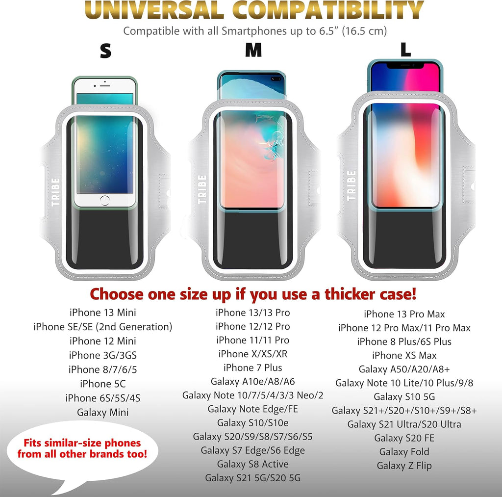 TRIBE Water Resistant Cell Phone Armband Case Running Holder for iPhone Pro Max Plus Mini SE (13/12/11/X/XS/XR/8/7/6/5) Galaxy S Ultra Plus Edge Note (21/20/10/9/8/7/6/5) Adjustable Strap & Key Pocket
