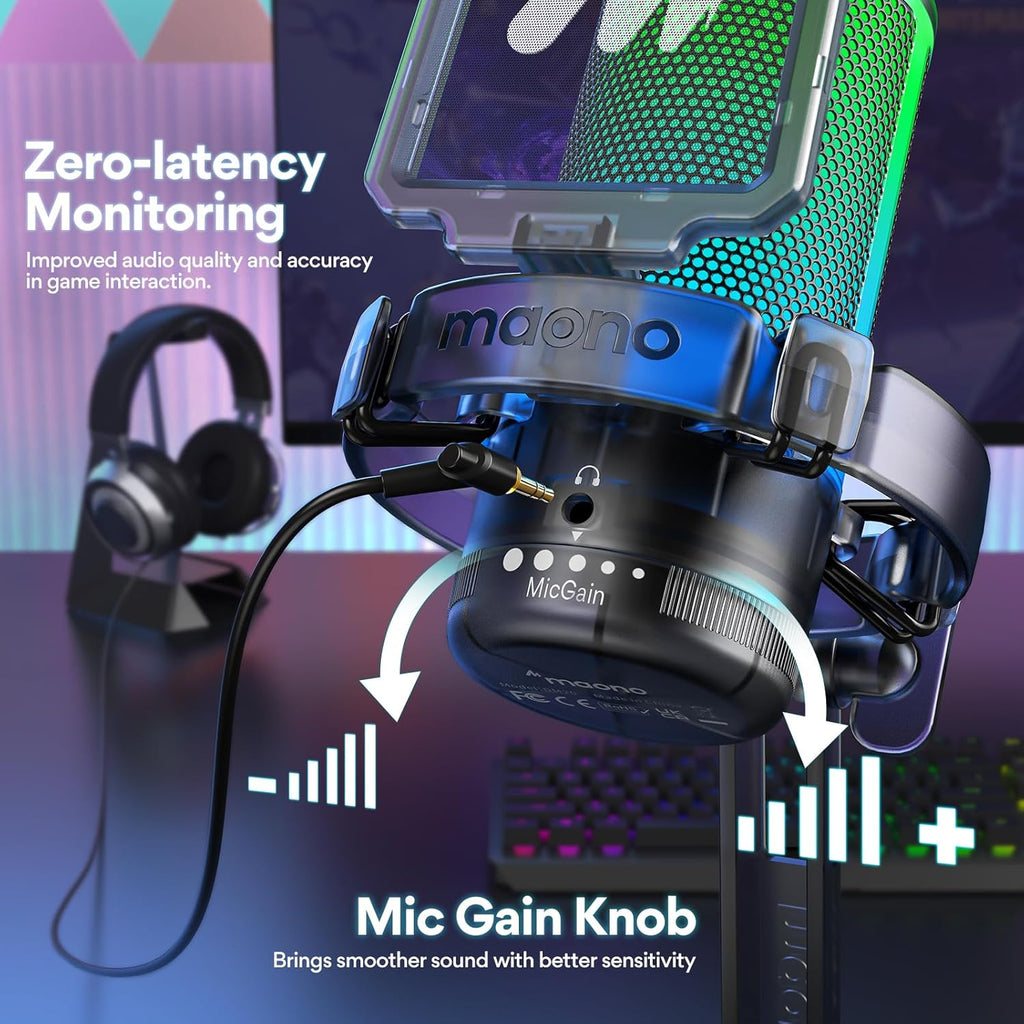 MAONO Gaming USB Microphone for PC with Noise Cancellation, Computer RGB Condenser Mic for Streaming Discord Twitch YouTube Podcast Online Chat PS4 PS5, GamerWave DGM20