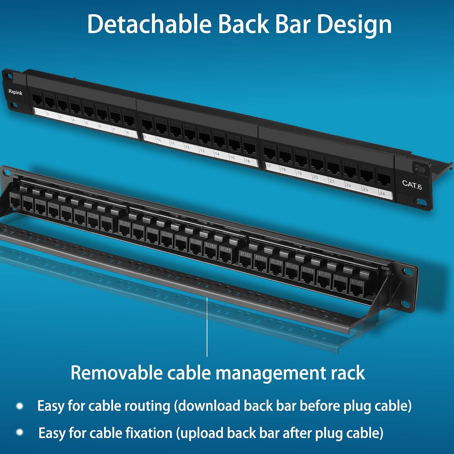 Rapink Patch Panel 24 Port Cat6 with Inline Keystone 10G Support, Pass-Thru Coupler Patch Panel UTP 19-Inch with Removable Back Bar, 1U Network Panel for Cat6, Cat5e, Cat5 Cabling
