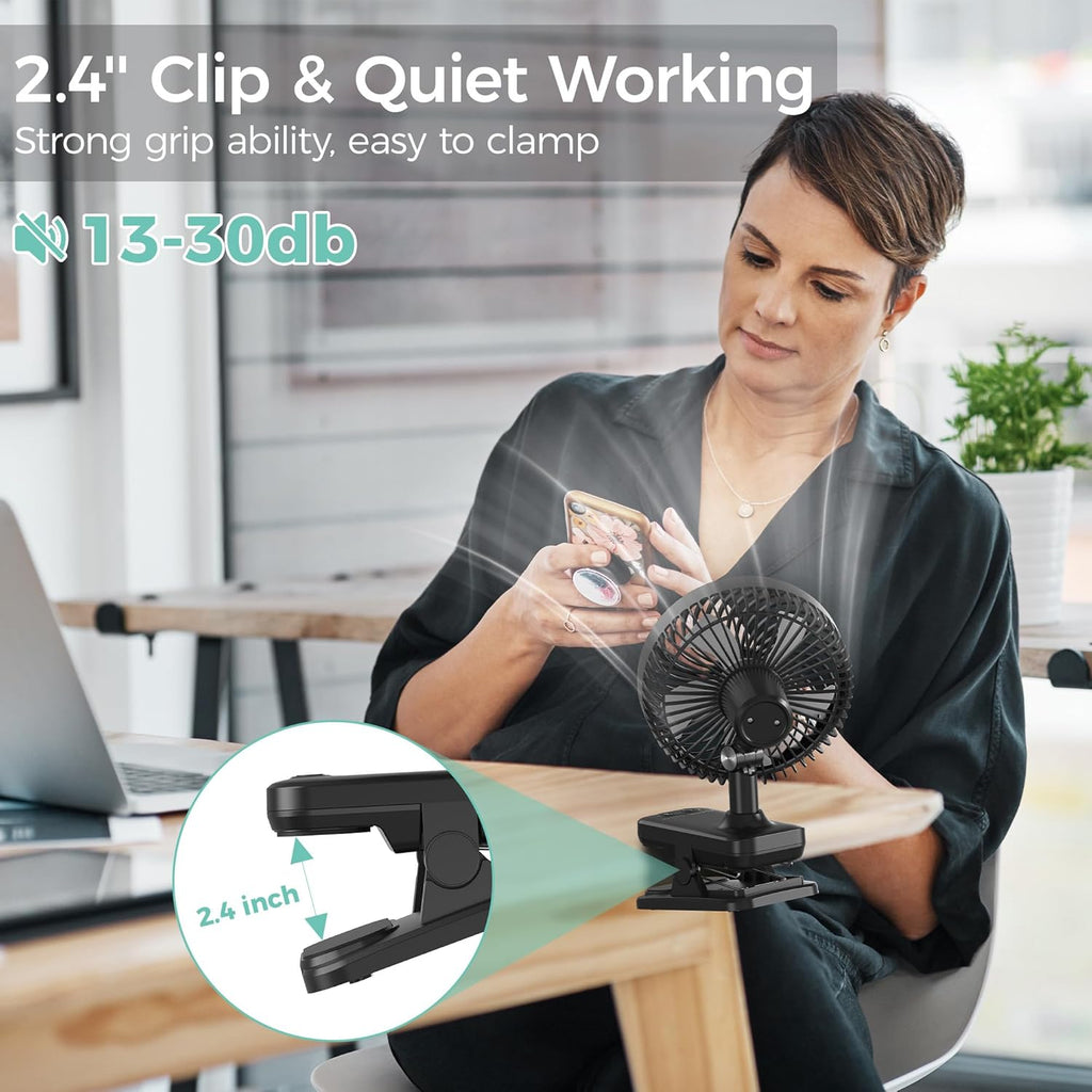 7-Inch Clip On Fan,10000mAh Rechargeable Battery Operated Desk Fan,Auto Oscillation Stroller Fan,Max 40Hrs Cooling,4 Speeds Table Fan with Sturdy Clamp for Golf Cart Office Treadmill Travel Outdoor