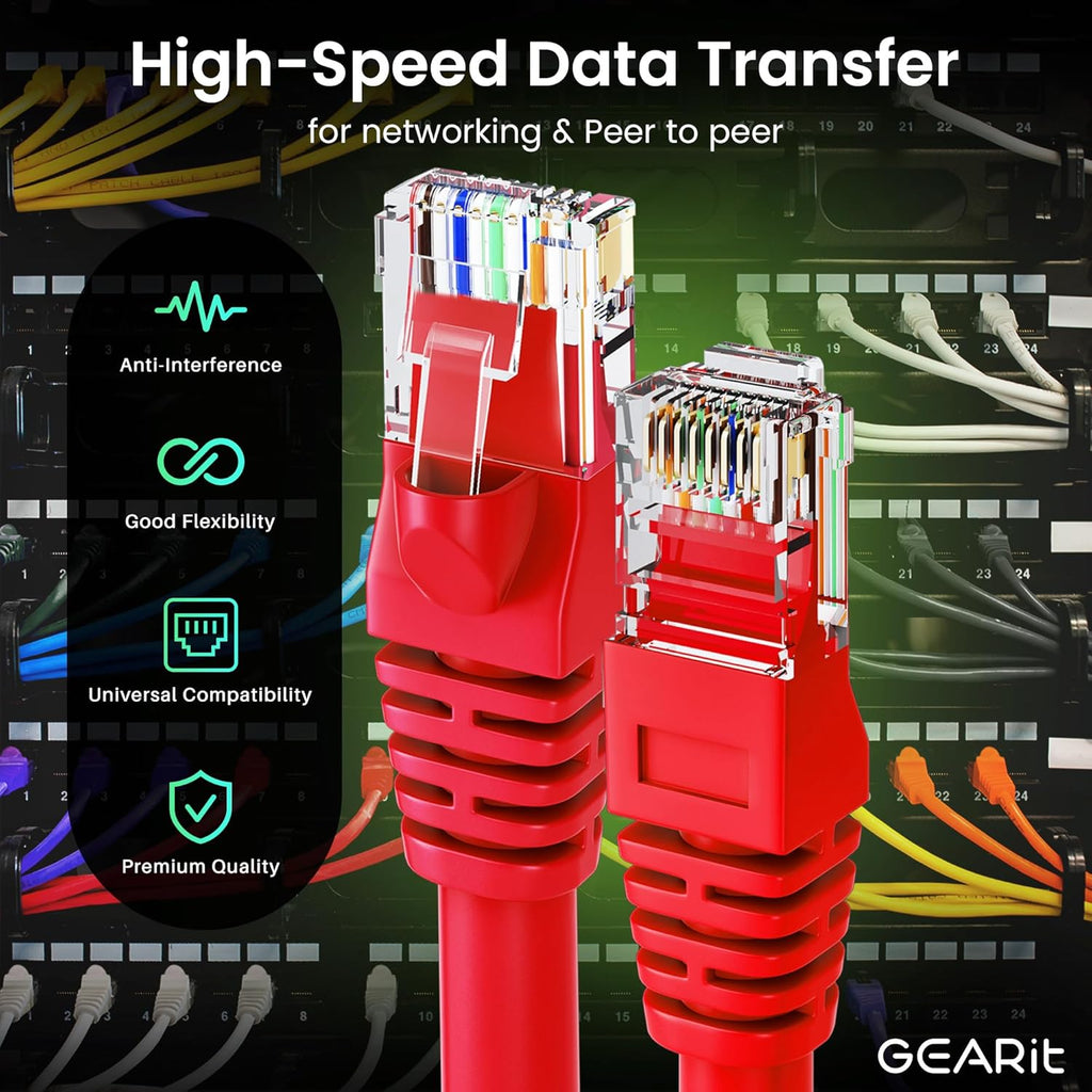 GearIT Cat 6 Ethernet Cable (24-Pack 1 Foot) Cat6 Network Patch, 10Gbps, RJ45, Snagless Cord, Gold-Plated Connectors, Internet for PC, TV, Tablet, Router, Printer, Servers, IT Data Center - Red