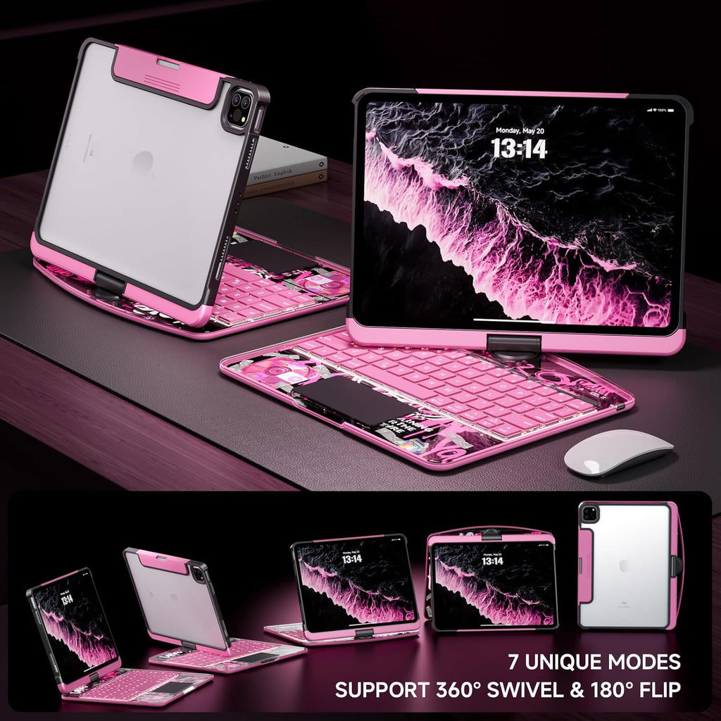 Transparent Case with Keyboard for iPad 11th Gen 11 Inch.(A16, 2025) & 2022 iPad 10th Gen 10.9 Inch,7-Color Backlit,Wireless Keyboard, 360°Rotating,with trackpad,Pencil Holder,with Shortcuts,pink