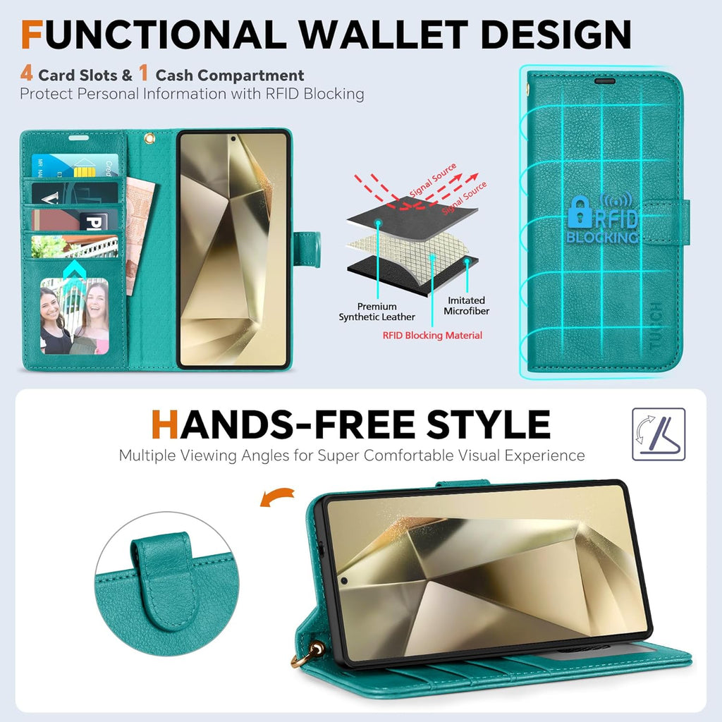 TUCCH Case Wallet for Galaxy S25 Ultra, Detachable [Wireless Charging] RFID Blocking 4 Card Holder, Wrist Strap Removable Stand PU Leather Flip Shockproof Phone Cover for Galaxy S25 Ultra 6.9", Cyan