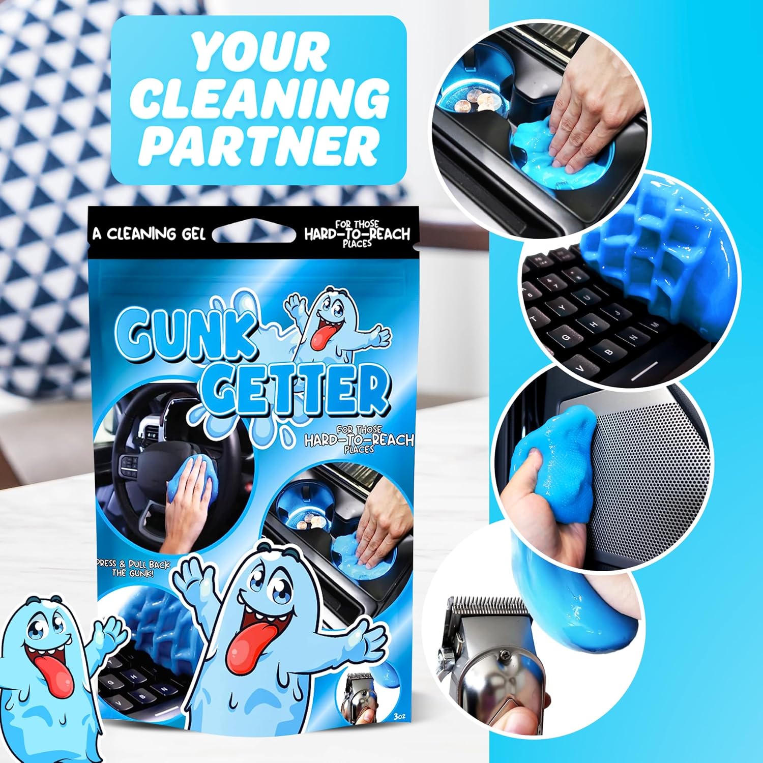 Cleaning Gel for Those Hard to Reach Places, Automotive Cup Holder Electronic Keyboard Office, Slime Gel Cleaner Dust Crumb Removal (Resealable Pouch, Blue, 3oz) 12 Pack