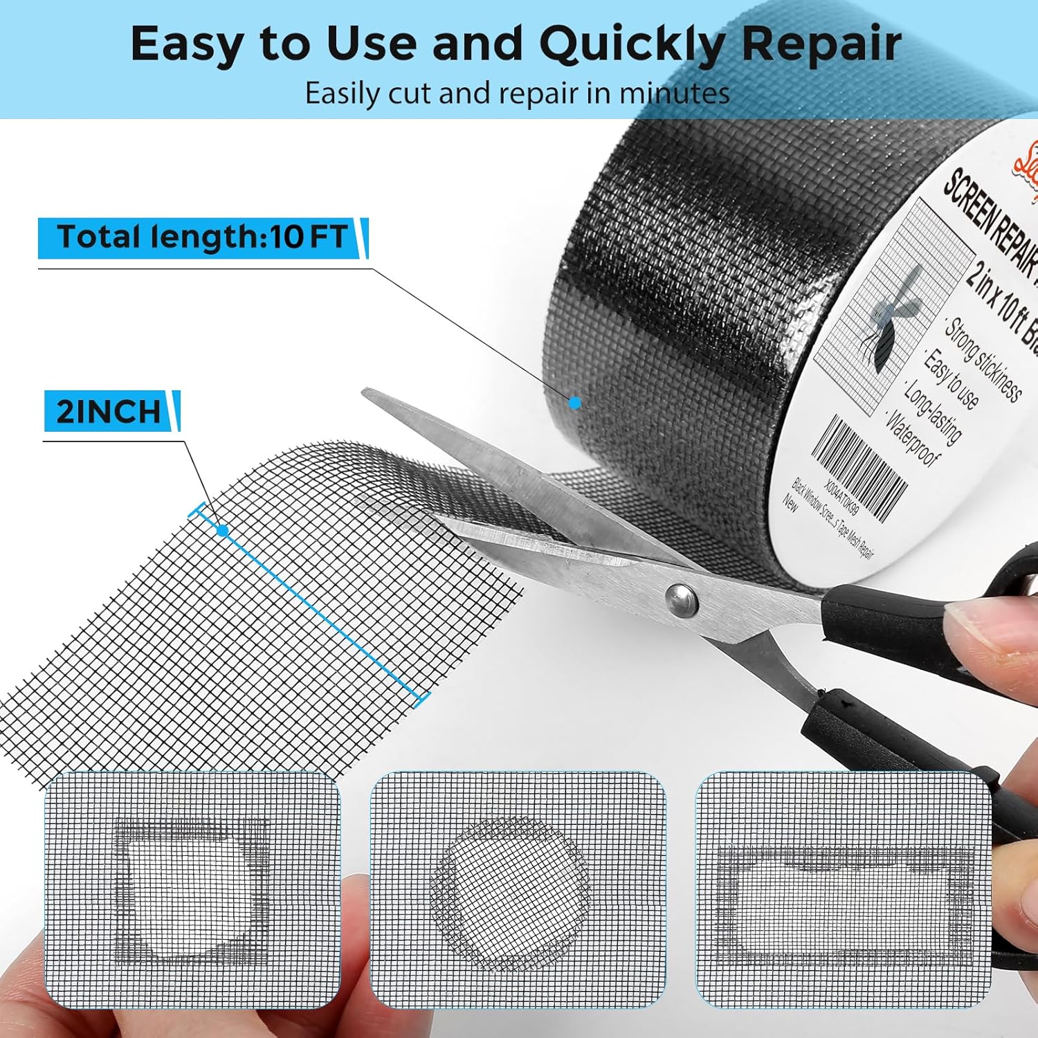 Black Window Screen Repair Tape, 2IN X 10FT Screen Repair Kit for Windows or Doors, Strong Adhesive Fiberglass Mesh Patch Tape
