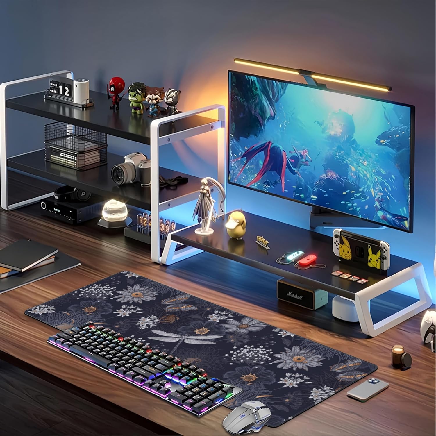 Wildflowers and Insects Desk Mat,Large Cute Flowers Butterflies and Dragonflies Gaming Keyboard Mouse Pad,Non-Slip Rubber Base Desk Pad Thick Stitched Edges Waterproof Mousepad Mouse Mat 31.5"x11.8"