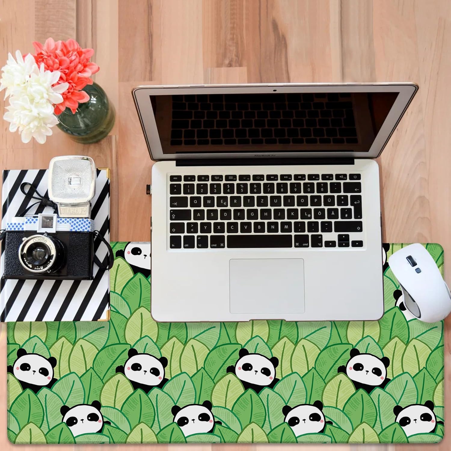 Panda and Leaves Gaming Mouse Pad 3mm Thick Stitched Edge Waterproof Non-Slip Large Computer Keyboard Mouse Mat,Suitable for Office Entertainment Decorative Desk Pad 35.4 x 15.7 Inches