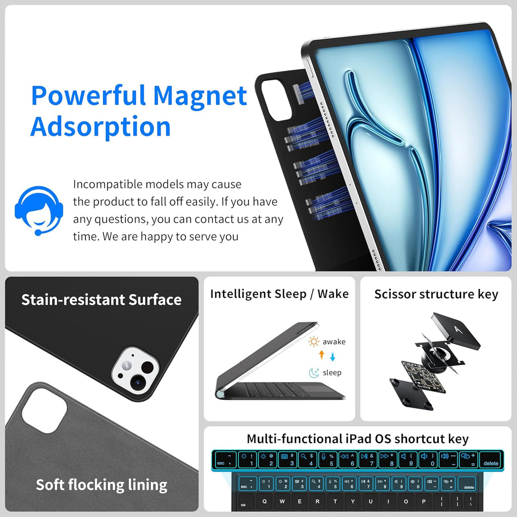 iPad Air 11 inch Case with Keyboard (M3 2025 / M2 2024) & iPad Pro 11 inch (4th/3rd/2nd/1st Gen), Magic Keyboard for 10.9" iPad Air (5th/4th Gen) with 7 Colors Backlight, Multi-Touch Trackpad