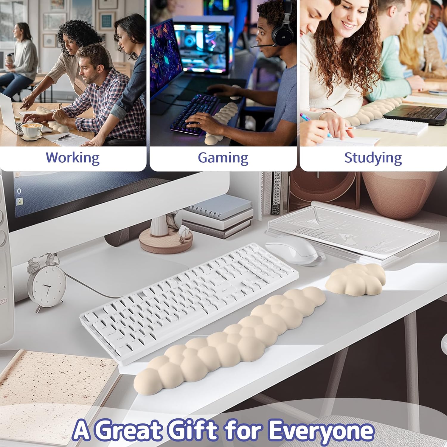 Cloud Wrist Rest for Keyboard and Mouse, Memory Foam PU Leather Keyboard Wrist Rest with Ergonomic Support, Non-Slip Base, Cute Arm Rest Pad & Palm Cushion, Office Desk Accessory, Beige